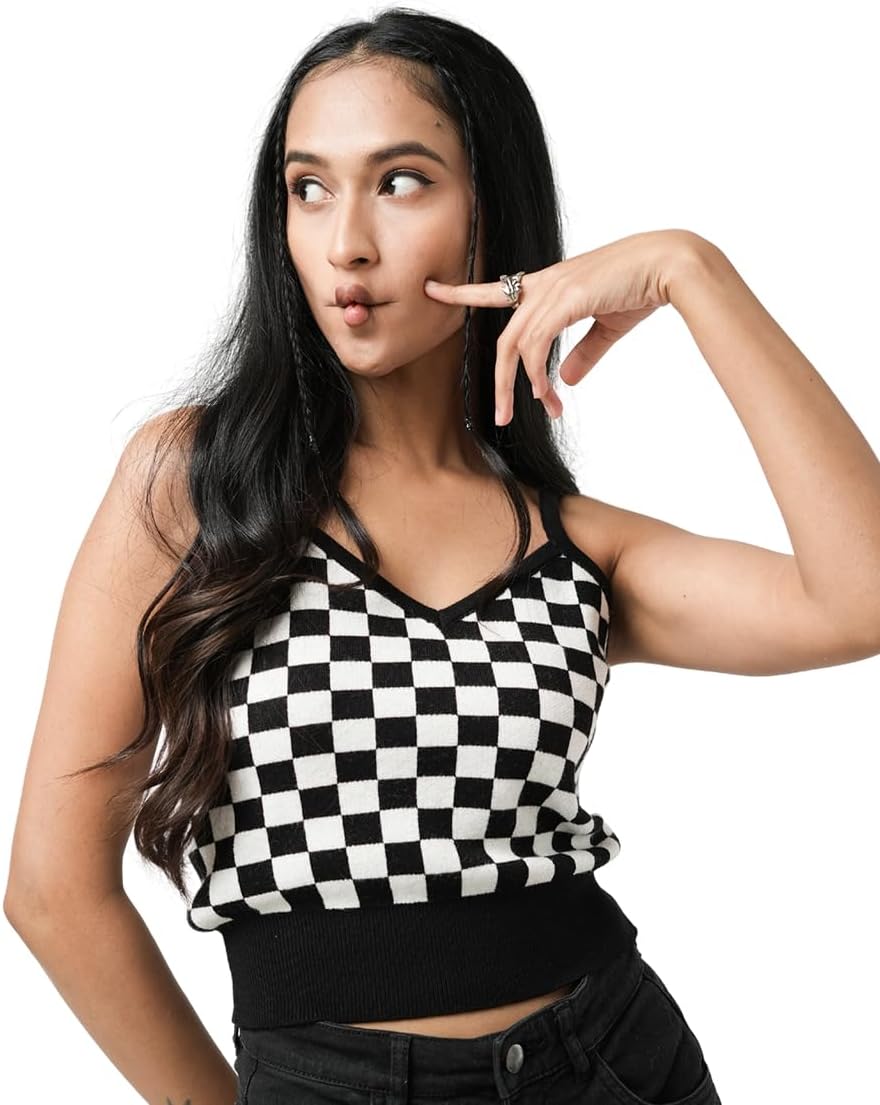 Womens Sleeveless Tank Top in Black/White Combo Medium Size | Fall Tops for Women in Checkerboard Pattern | Double Front & Back V-Neck Tank Tops for Casual wear & More