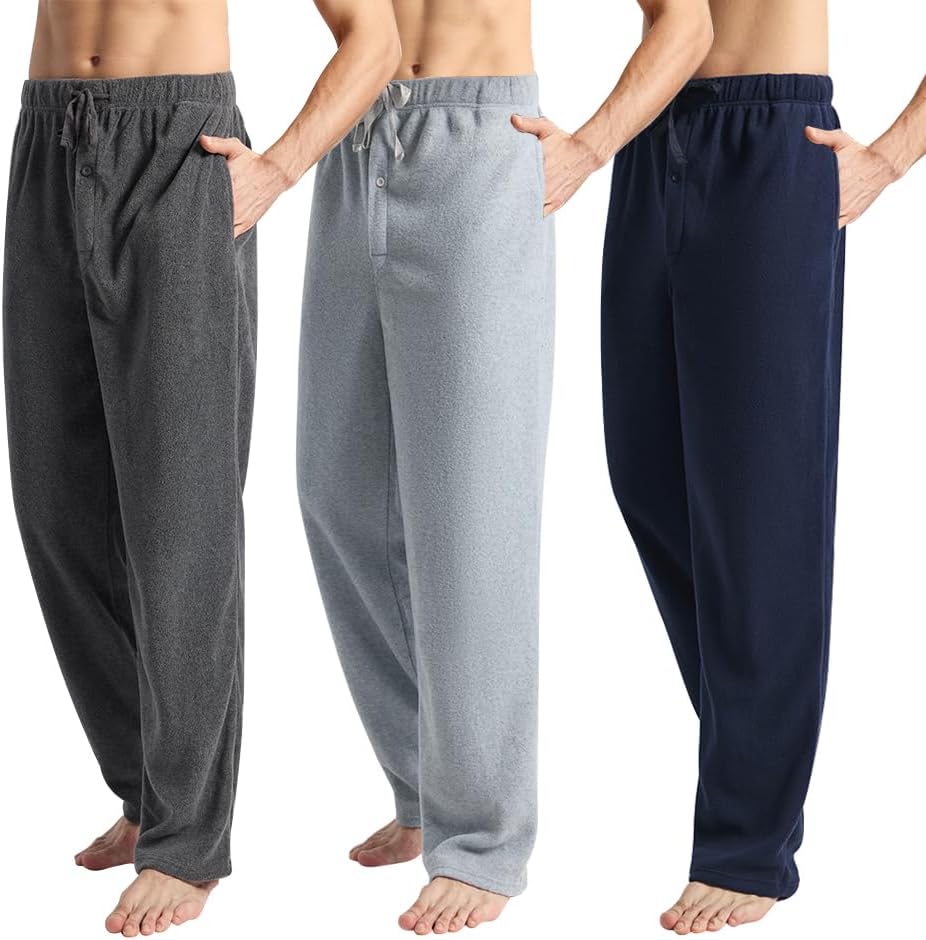 3 Pack Men's Fleece Pajama Pants Bottoms– Lounge Sleepwear Plaid PJs with Pockets and Button Fly