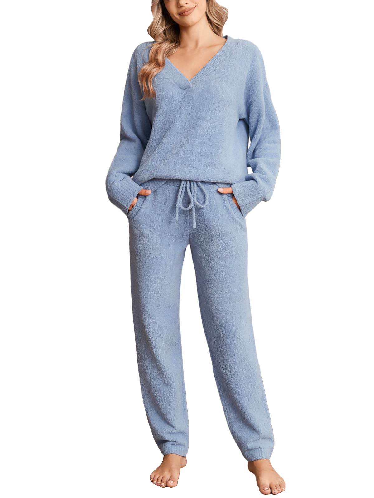 Snuggle Sac Womens Pajama Sets 2 Piece Cozy Winter Fluffy Fuzzy Pajamas V Neck Long Sleeve Lounge Set