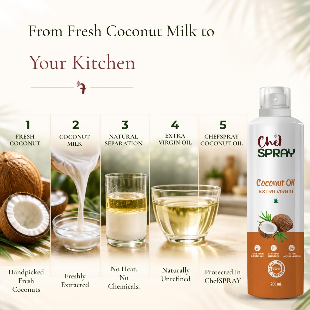 ChefSPRAY Extra Virgin Coconut Oil Spray – 200mL | Cold-Pressed Non-Aerosol Cooking Oil Spray for Healthy Air Fryer & Gym-Friendly Meals (Hygienic, Mess-Free) 1