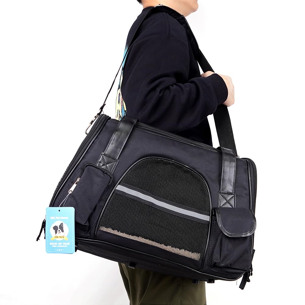 Trasportino per cani e gatti, borsa per trasportatore da viaggio, traspirante, con tasche laterali a due porte, con tracolla per auto, colore: nero, 24 x 28 x 43 cm