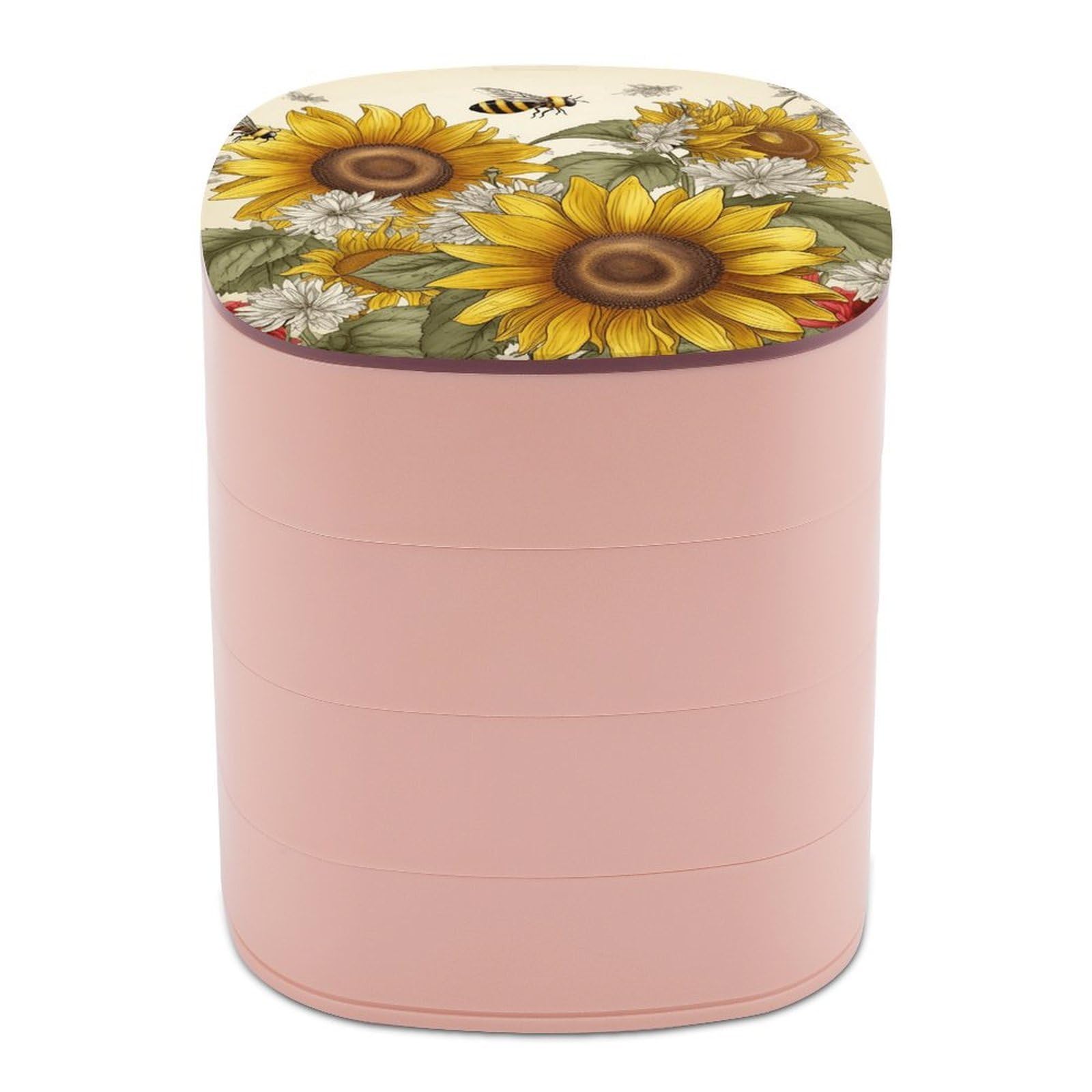 VstaDank Bees Sunflowers Daisy Rose Flowers Jewelry Case Women Portable Travel Jewelry Box Rotating Jewelry Organizer with Mirror Multi-Layer Necklace Ring Earring Storage Box for Bracelets Rings