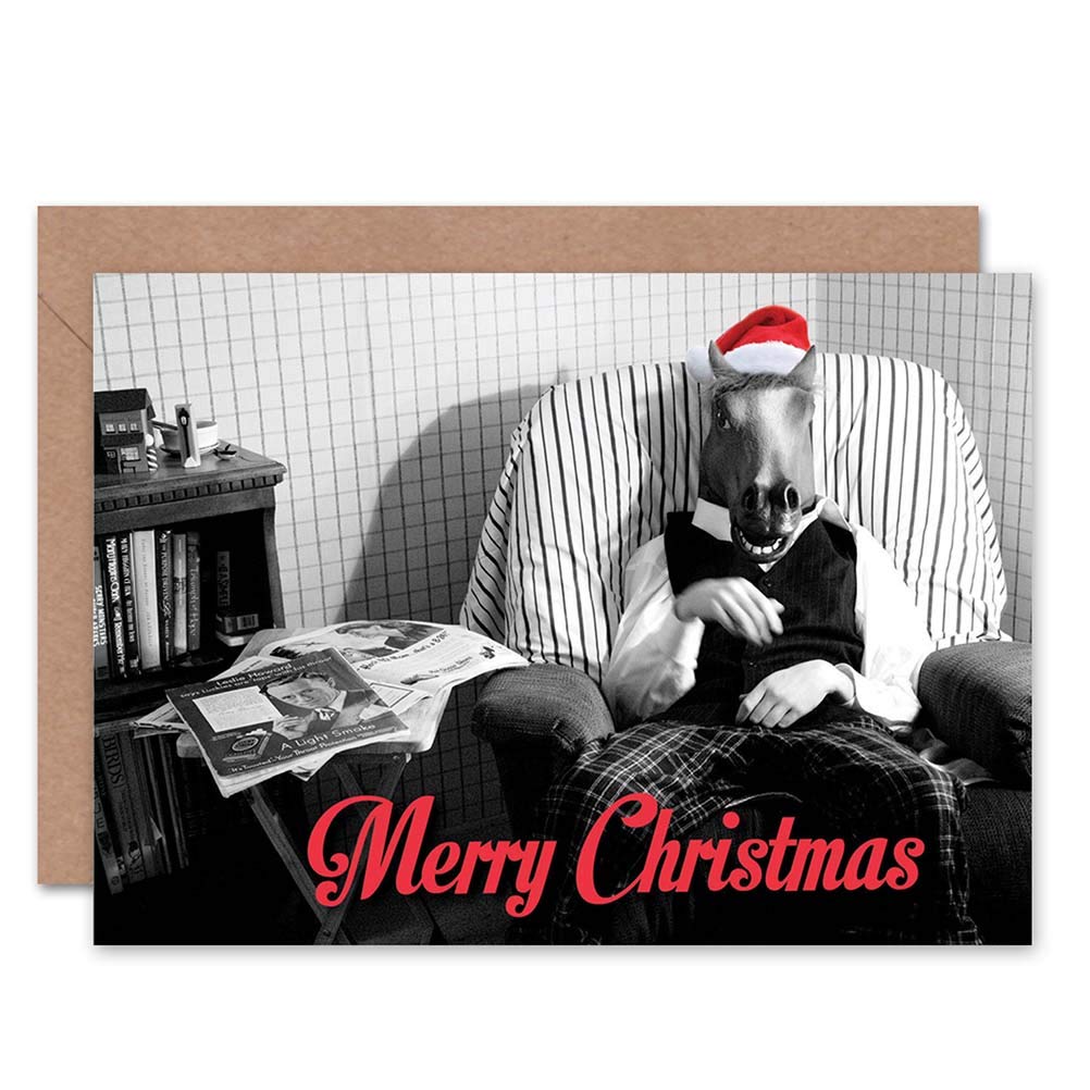 Alternative Christmas Xmas Horse Head Weird Funny Blank Greeting Card