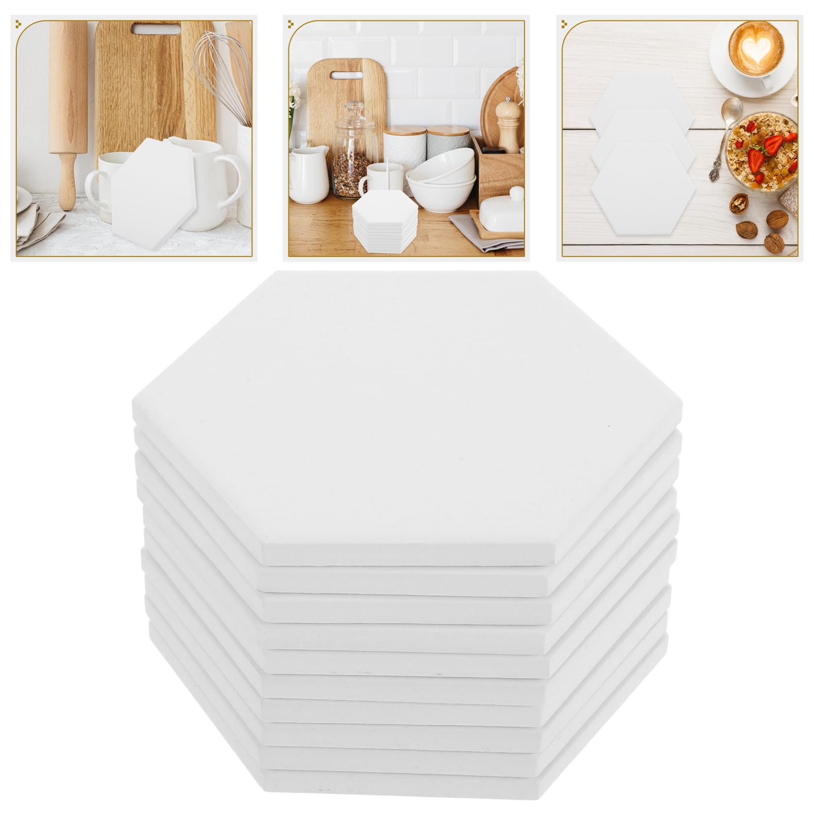 Posavasos de Cerámica Hexagonales DIY, Juego de 10, Blancos, Absorbentes y Antideslizantes para Proyectos de Transferencia de Calor en Cocina y Mesa