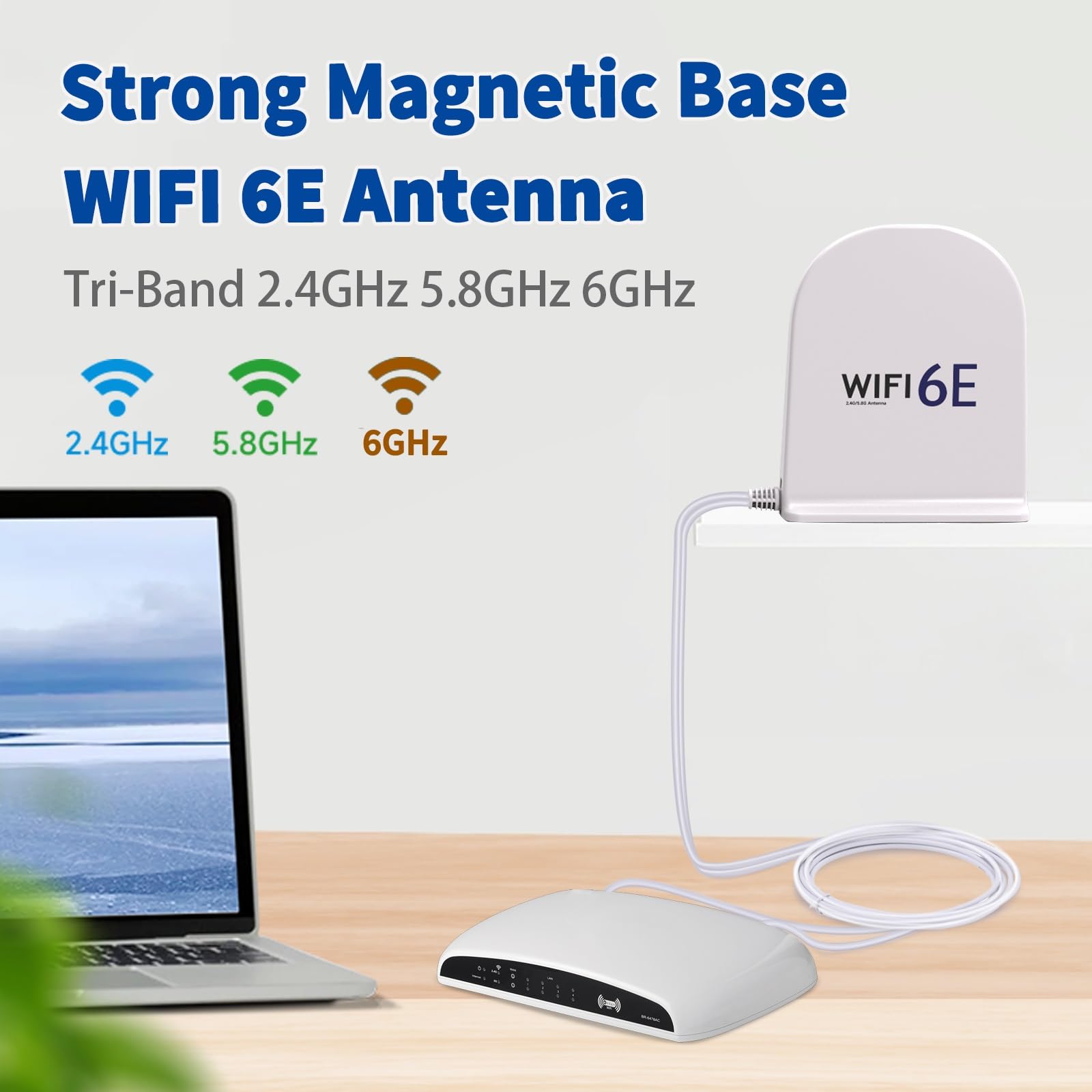 Bingfu Antenne WiFi 6E tri-bande 2,4 GHz 5 GHz 6 GHz MIMO RP-SMA mâle Base magnétique 8 dBi Antenne blanche avec câble de 2 m pour routeur WiFi, carte réseau sans fil, PC, carte mère PCI PCIe, caméra