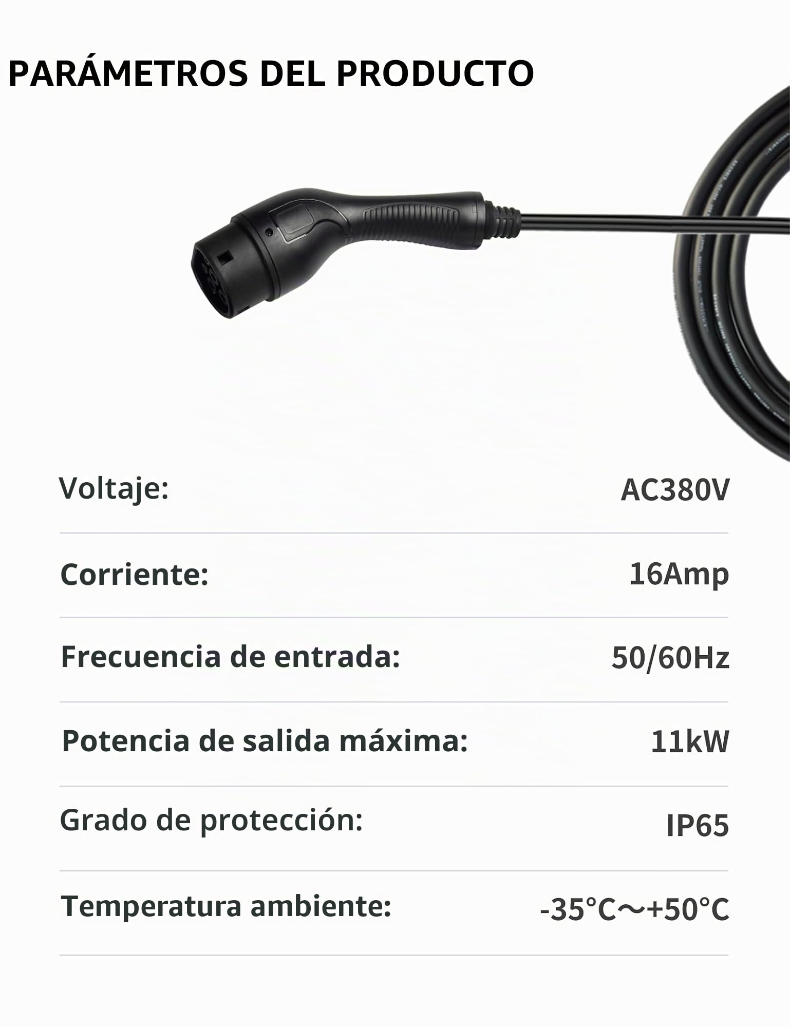 Cargador EV portátil de 11 kW, 3 Fases, 6-16 A, con Corriente Ajustable, Control a través de la App Mediante Wi-Fi, Cable de 7 m, protección IP65, Compatible con Todos los vehículos PHEV/EV