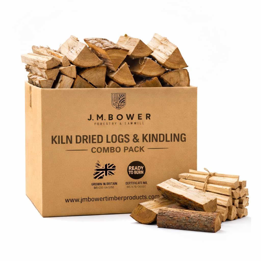Jm Bower Timber Products Brown Jm Bower Kiln Dried Logs & Kindling Combo Pack – Hardwood Firewood Logs (Approx 20Kg) + Kindling Sticks (Approx 7Kg) | Ready To Burn Fire Logs For Log Burners, Bbqs & Fire Pits | Low Smoke Uk-Grown