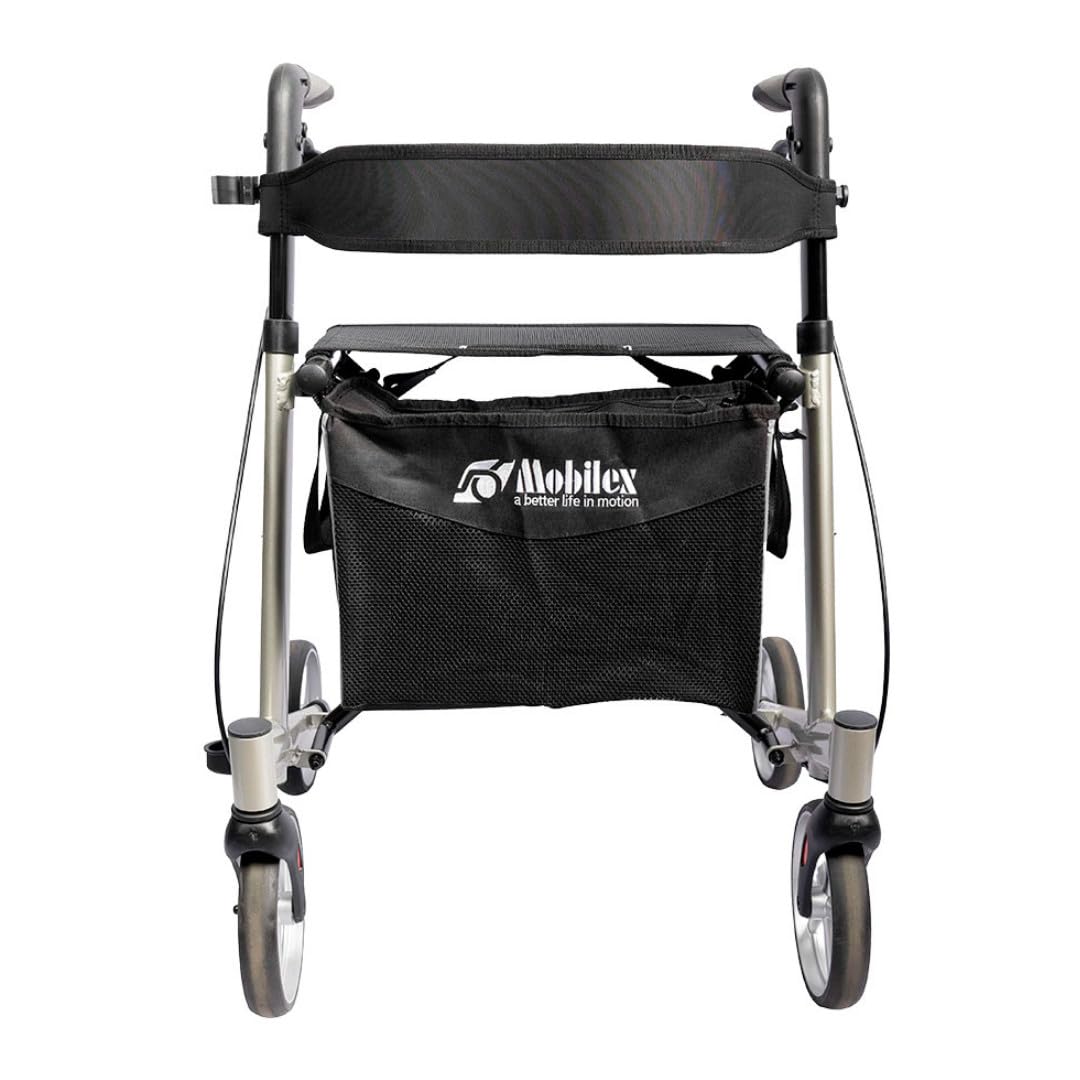 Mobilex Panther 2 Rollator, Aluminium Leichtgewicht 6,8 kg, Faltbar, mit Rückengurt und Tasche, bis 150 kg belastbar, Silber-Schwarz
