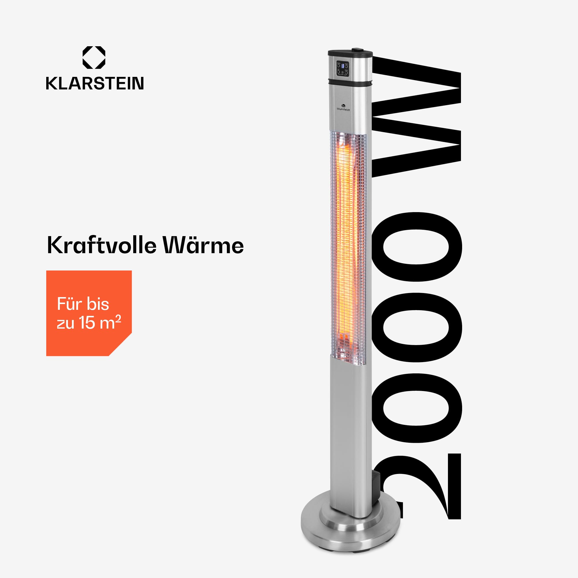 blumfeldt Heat Guru Plus Standheizstrahler - Stand Heizstrahler mit 2000 W Leistung, 3 Heizstufen, Infrarotstrahler mit Timer, 60° Oszillation, Carbon-Heizelement, Fernbedienung, Edelstahl, Silber