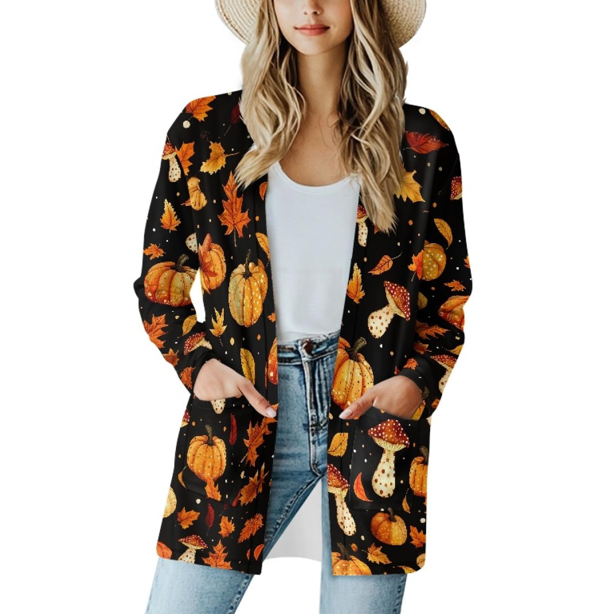 Fall Maple Leaf Cardigan Sweaters for Women Long Sleeve Cardigan Soft Drape Open Front Dusters V-Neck Jackets Dressy