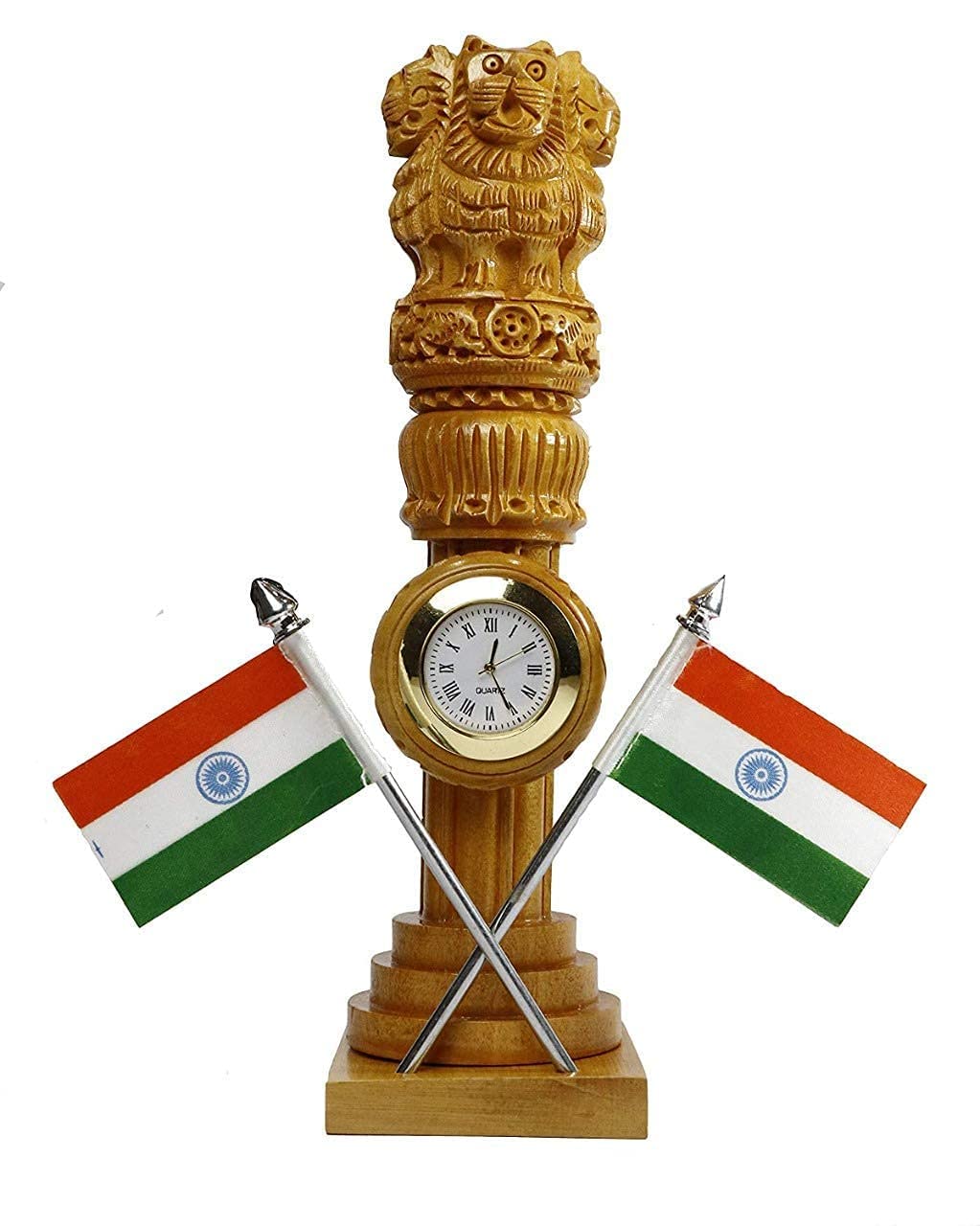 Wooden Carved Ashoka Stambh Pillar with 2 Flags & Analog Clock for Office and Study Table Ii Brown Color Pack of 1 (2.4Wx2.4Lx8.5H Inches)-image-38