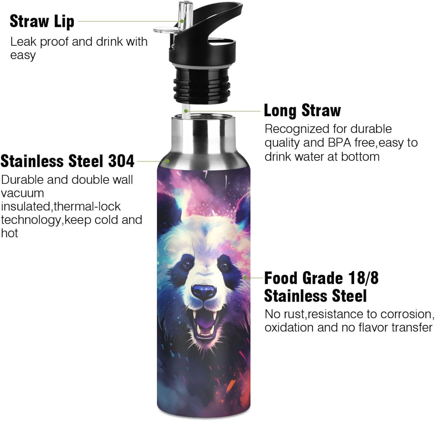 Panda Galaxy Water Bottle Kids Boys Girls Insulated Stainless Steel Hot Cold Water Flask with Straw Lid for Sports Gym Running 20 oz