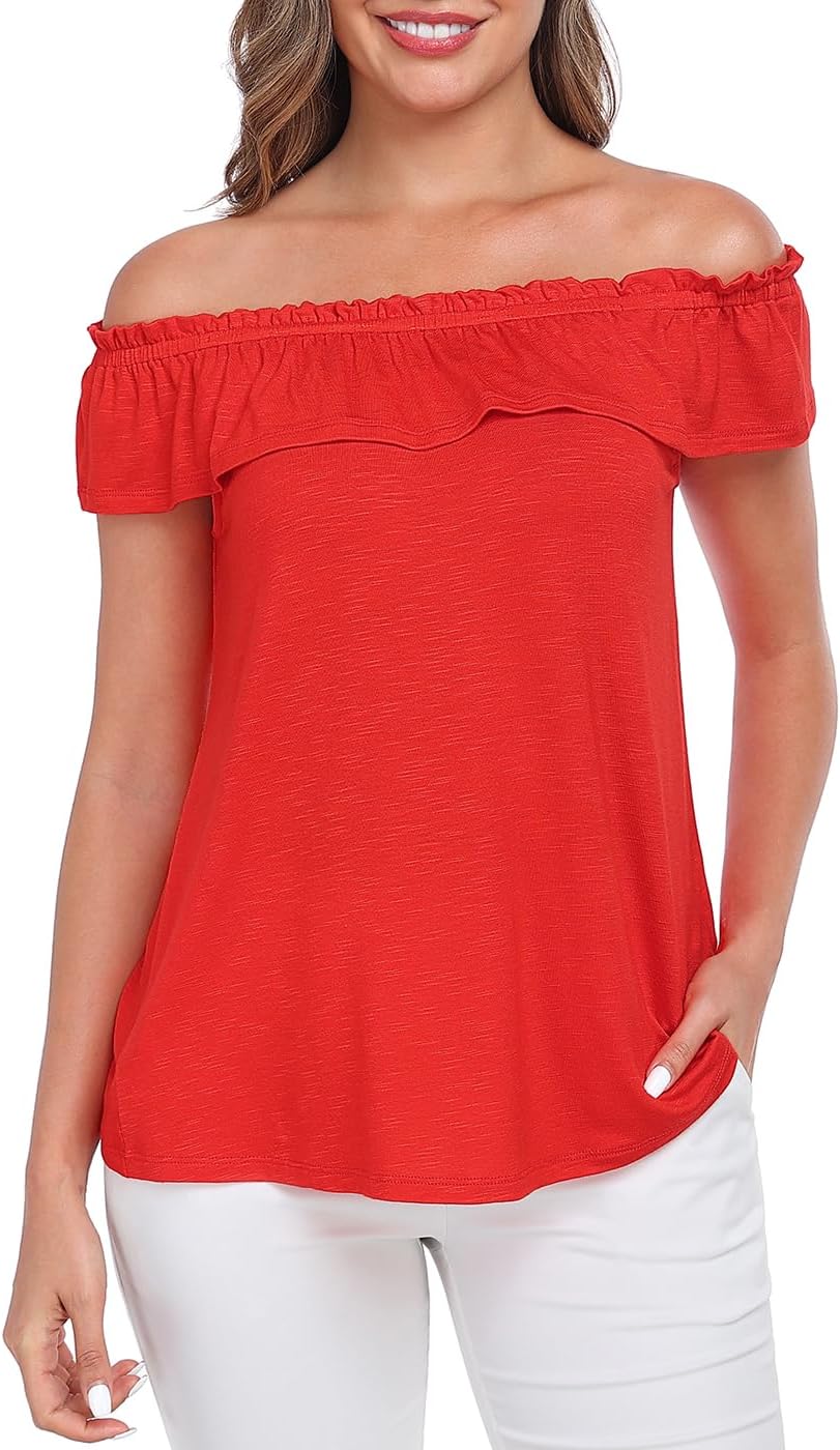 HDE Women's Off Shoulder Ruffle Tops Loose Summer Convertible Sleeveless Blouse