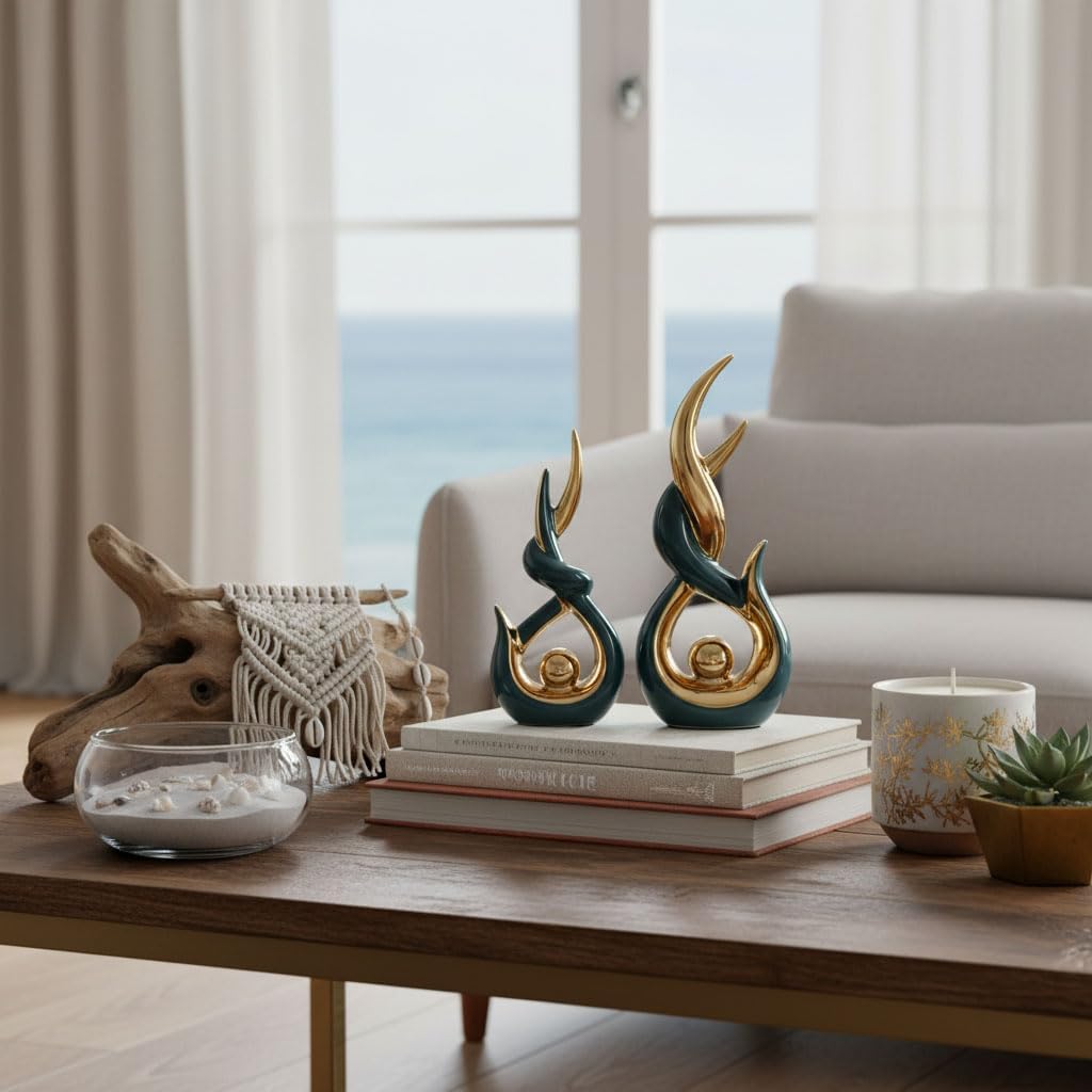 Teal Gold Ceramic Abstract 2 Piece Statue Set,Mid Century Modern Abstract Art Home Decor Statue Mantelpiece on Unique Shelf Decor, TV Cabinet Divider Table top and Dining Table Centerpiece (Green)