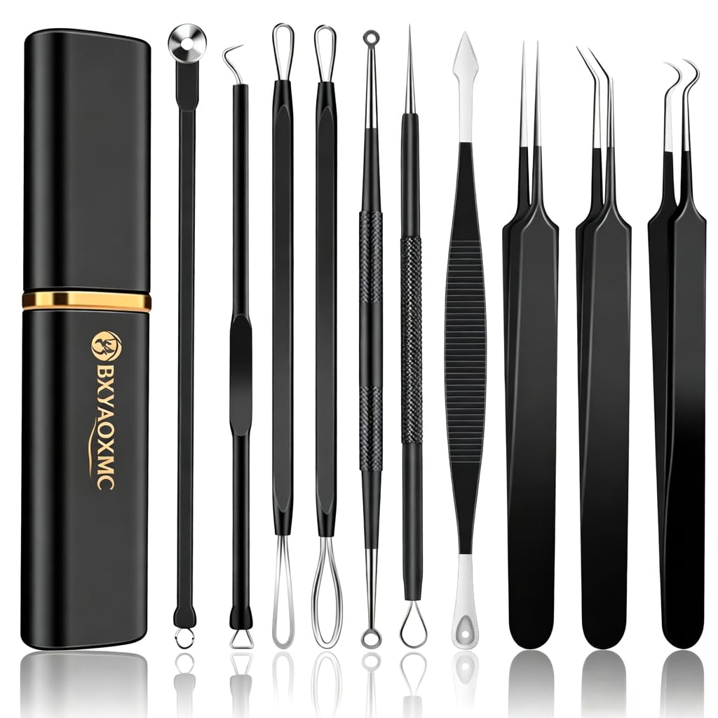 10pcs Pickel-Popper Tool Kit Edelstahl Mitesser Entferner Werkzeug Komedonen Extraktor für Stirn Gesichtsnase Leichtes Akne-Nadelwerkzeug mit Metallkoffer für Reisen Zuhause