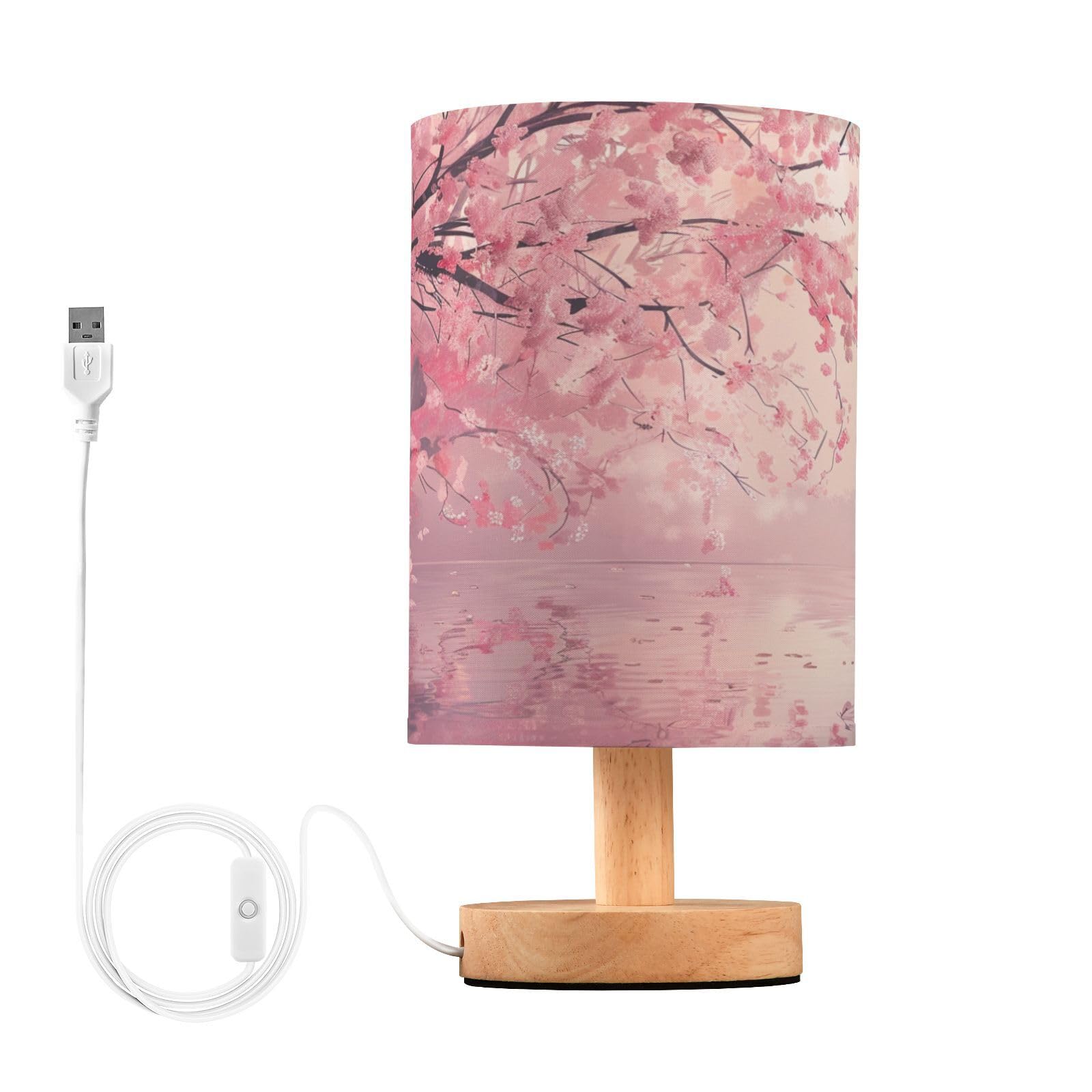 Oarencol Bedside Table Lamp Cherry Blossom Pink Floral Flower Nightstand Lamp with Wood Desk Lamps for Bedroom Living Room Nursery Office Home Decor