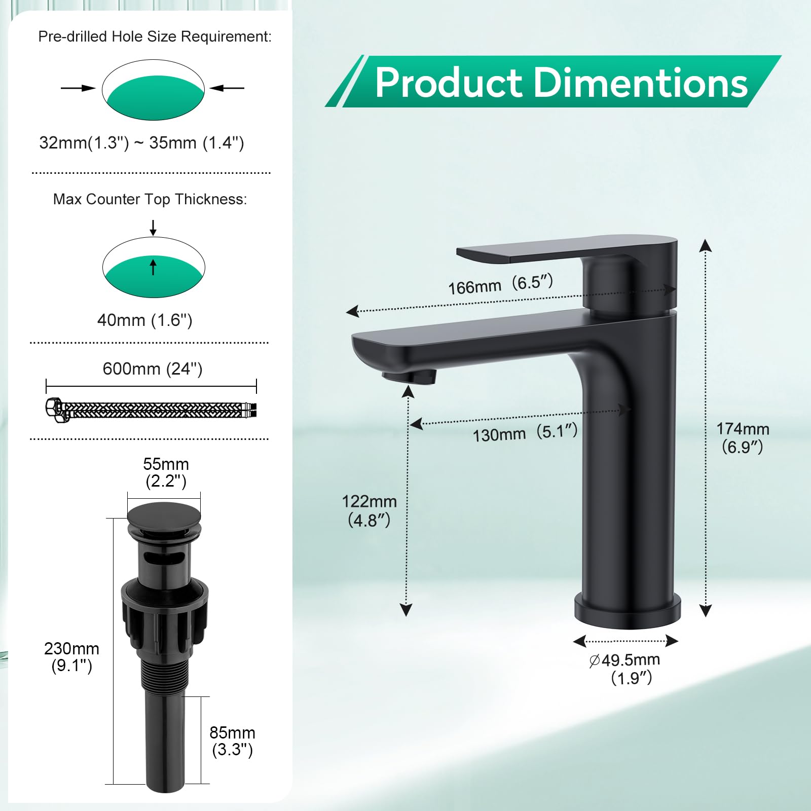CREA Grifo de baño, grifo de lavabo con desagüe, grifo mezclador de ahorro de agua, grifo de alta presión para baño, monomando, color negro mate