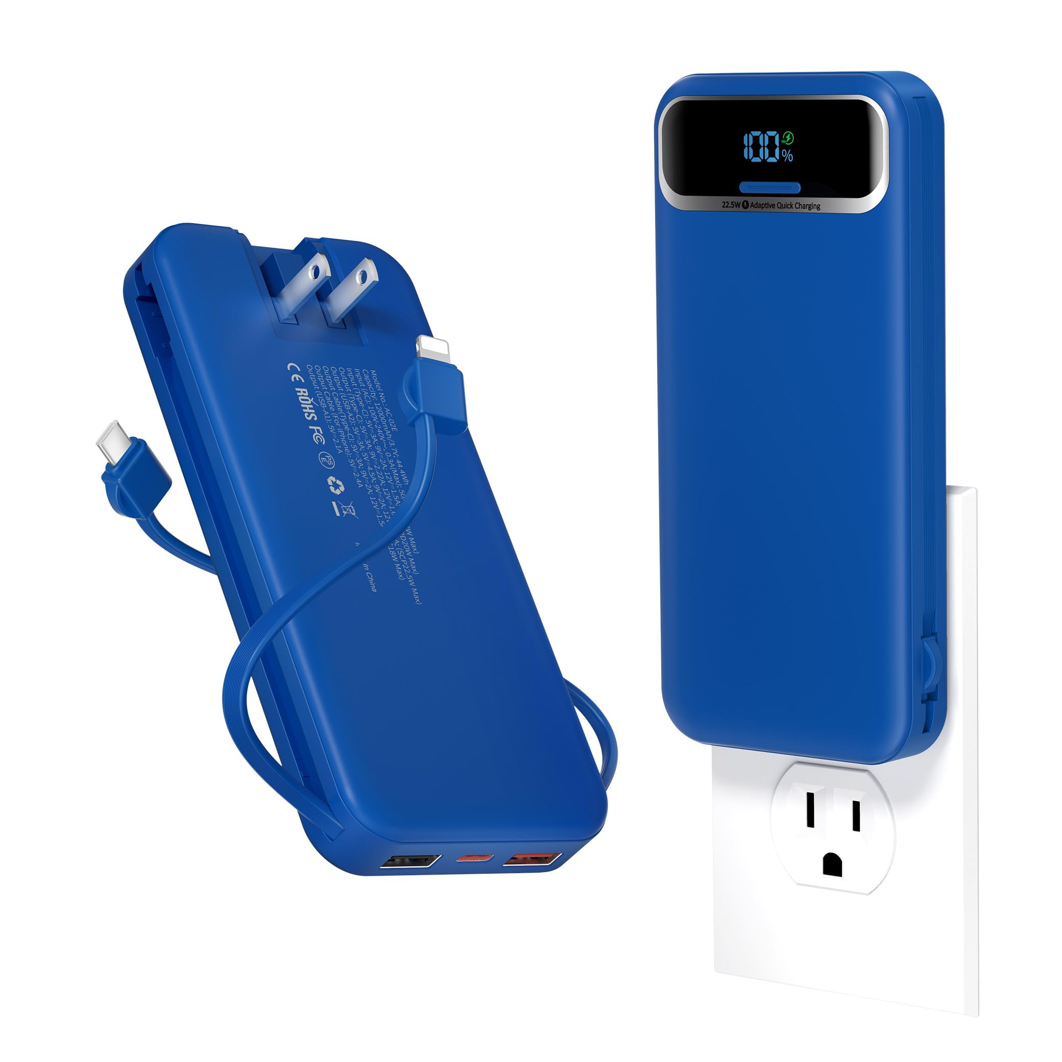 12000mAh Lightweight-Portable-Charger-Power-Bank with Built-in Cables and AC Wall Plug PD20W USB-C Fast Charging Battery Pack LED Display External