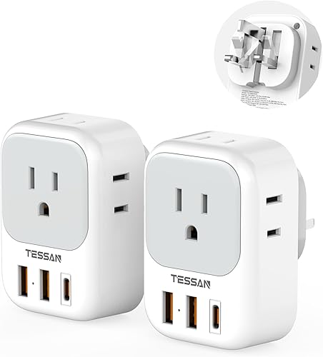 Miniatura 7 de TESSAN - Adaptador de enchufe de viaje europeo, paquete de 2, adaptador de corriente de EE. UU. a Europa con 4 salidas de CA y 3 USB, adaptador de