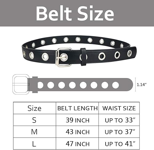 Miniatura 5 de macoking Cinturones de cuero con ojales para mujer, cinturón negro para mujeres y hombres con agujeros dobles tachonados