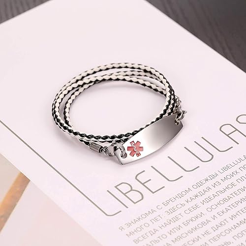 Miniatura 3 de JF.JEWELRY Pulseras de alerta médica personalizadas para mujeres y hombres, pulseras médicas de eslabones de cuero trenzado negro de 3 capas,