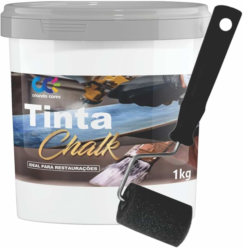 Tinta Chalk 1kg Branco com Rolinho 5cm, Ideal para Restaurações em Madeira, PVC, Metal e Plástico