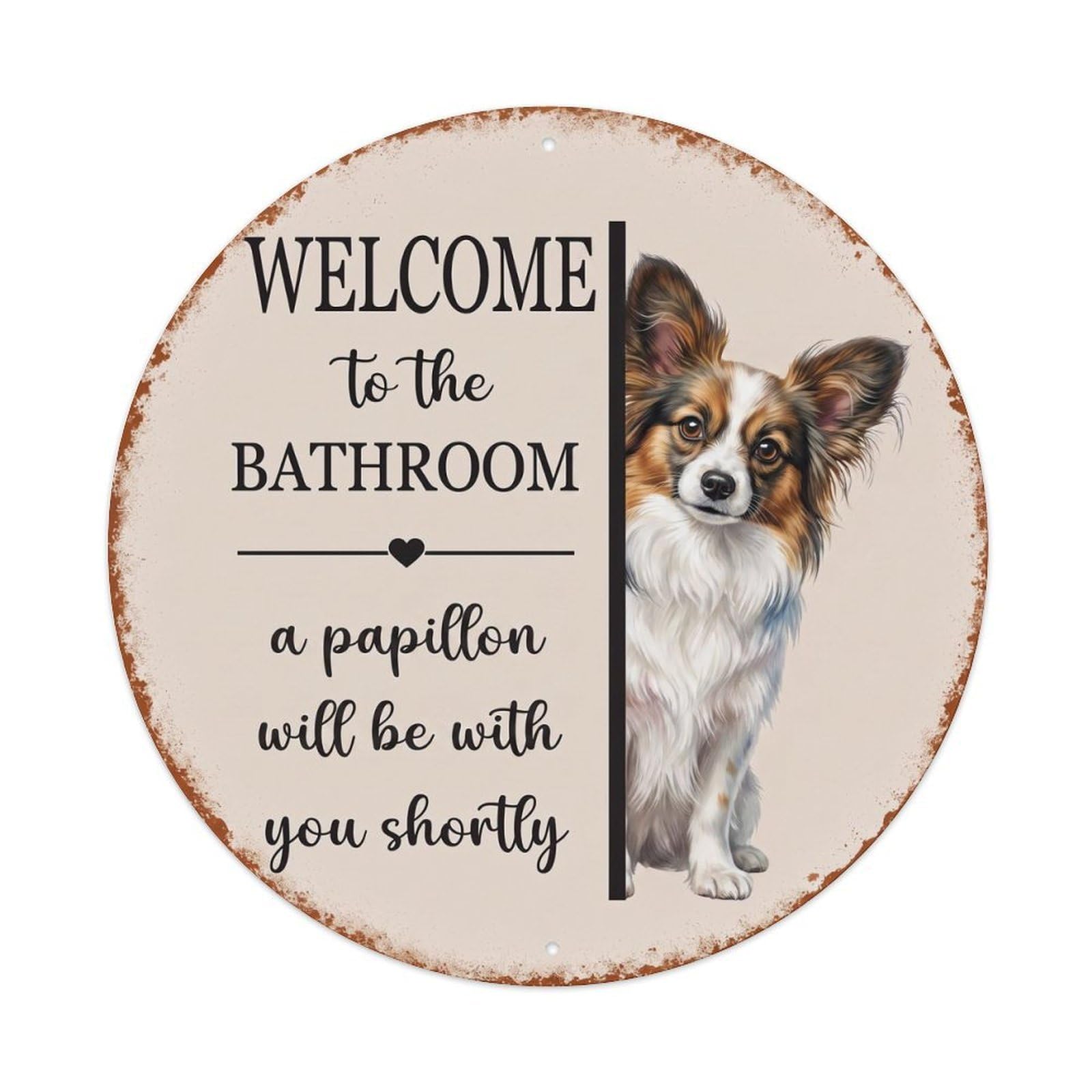 Vintage WELCOME To The BATHROOM Papillon Dog Metal Tin Sign