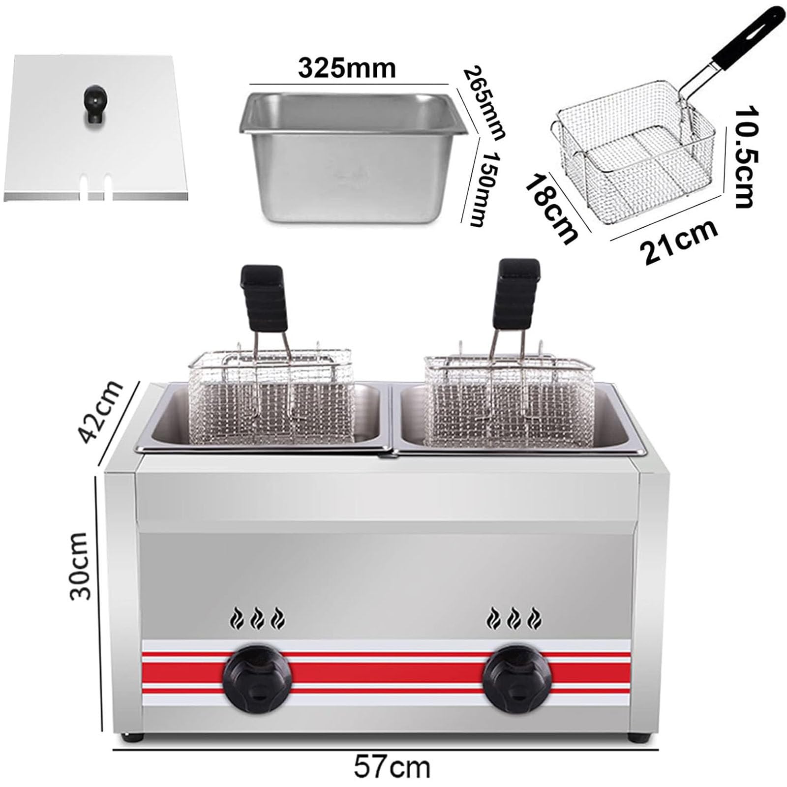 PixCy Friggitrice a Gas Grande capacità 10l/20l/30l,Friggitrice in Acciaio Inossidabile,Potenza Fuoco Regolabile, con Cestelli E Coperchi,per Ristorante Commercial,20L
