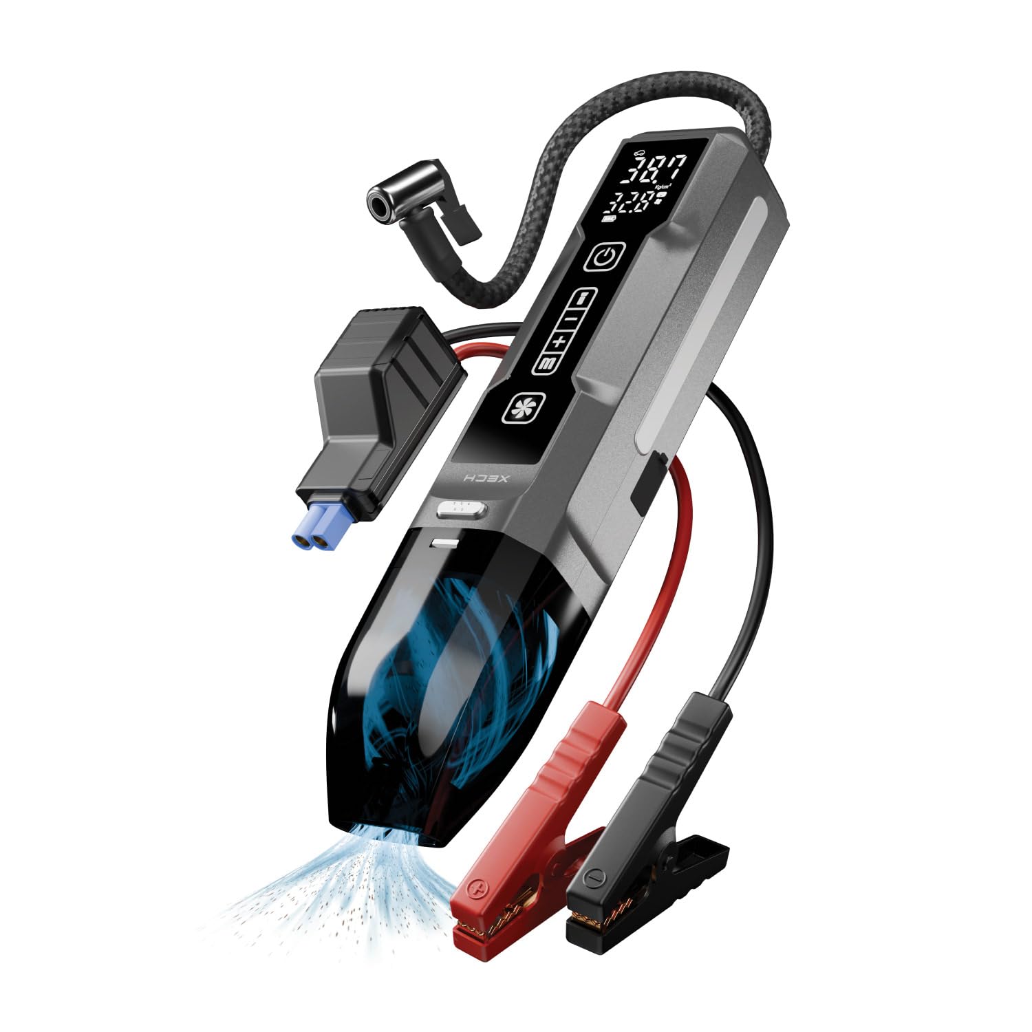 XECH 4-in-1 Car Vacuum Cleaner with Tyre Inflator, Jump Starter & Emergency Light | Dual Power Portable Handheld Vacuums for Cars and Home | Rechargeable and Cordless | Digital PSI Display (Supervac)-image-8