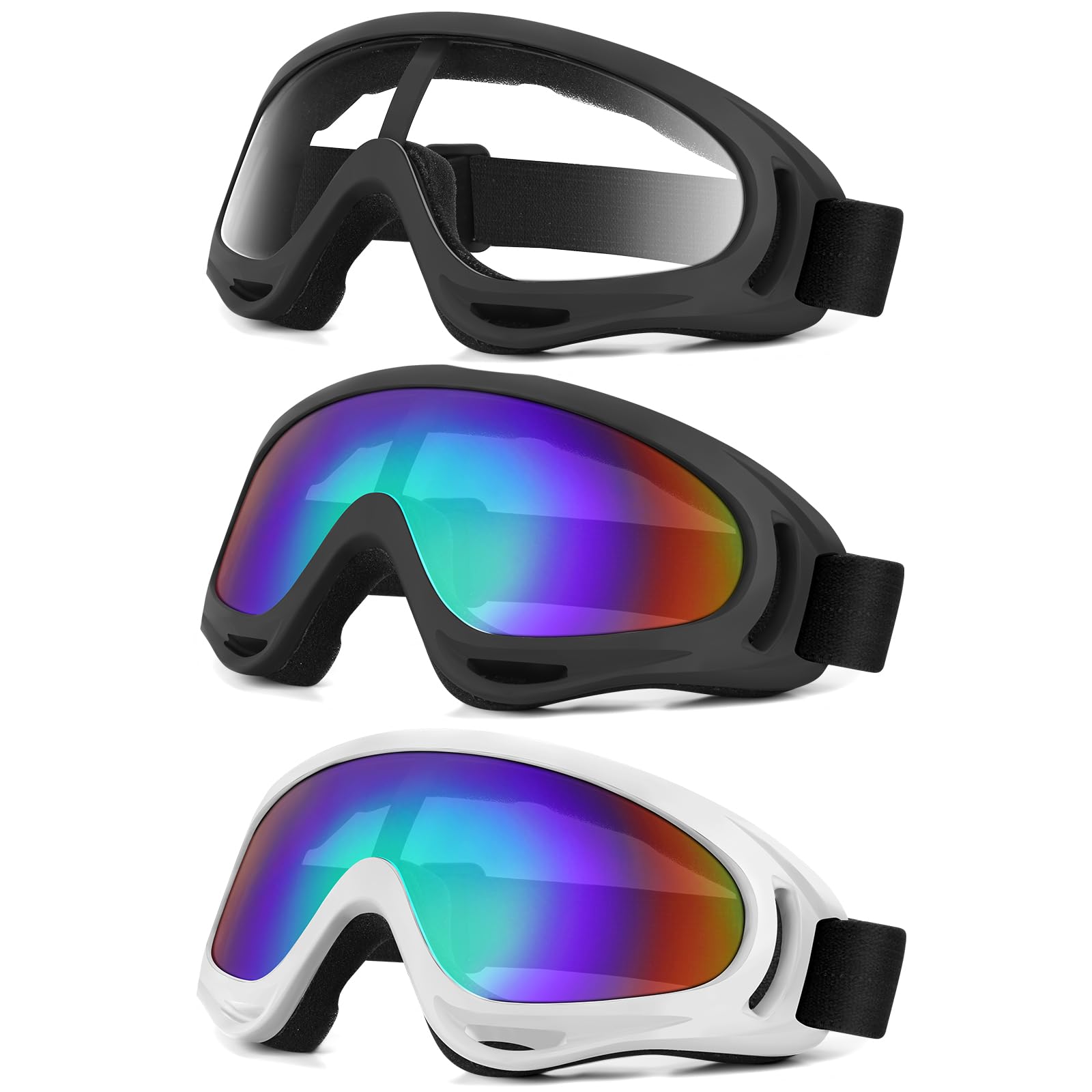 Lot de 3 paires de lunettes de moto rembourrées pour moto tout-terrain, VTT, ski, motocross, équitation, protection UV, anti-poussière et coupe-vent pour homme, femme, enfant (transparent, noir +