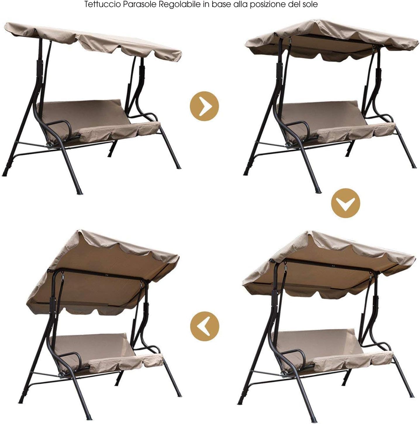 BAKAJI Dondolo da Giardino 3 Posti Altalena per Esterno Struttura in Acciaio con Tettuccio Regolabile Colore Beige