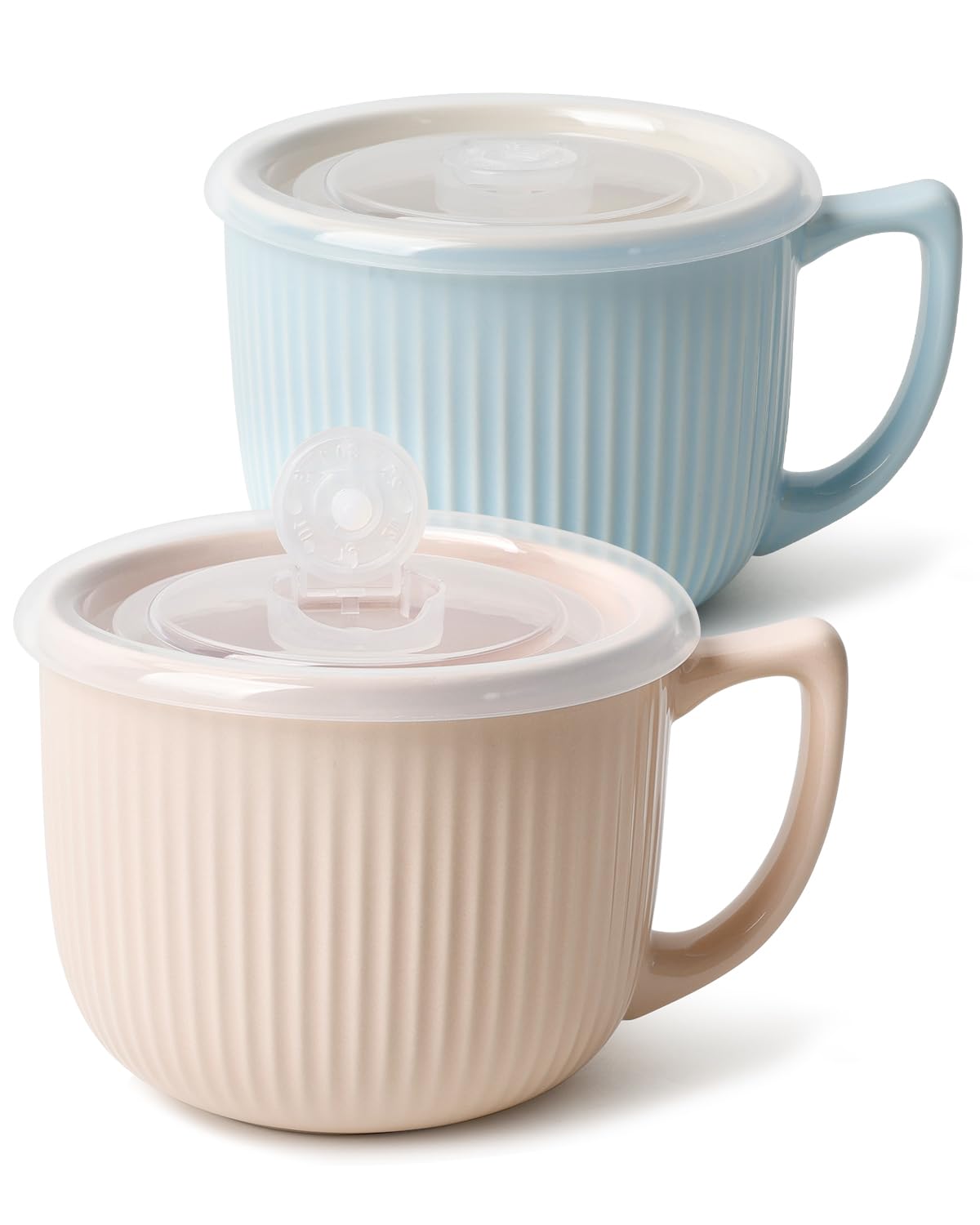 Ceramic Soup Bowls with Vented Lid, 32 Ounce Soup Mug with Handle, 2packs 5 inch Jumbo Soup Cups, Wide Large Cereal Bowl for Oatmeal, Gumbo Salad, Microwave Oven Safe (Blue &amp; Beige)