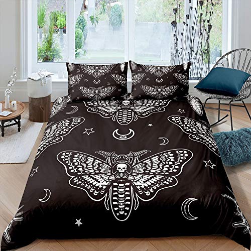 Manfei Death Moth Duvet Cover Set Full Size Youth Gothic Skull Bedding Set 3pcs for Kids Boys Teens Room Decor, Moth Skeleton Skull Comforter Cover Moon and Stars Print Quilt Cover with 2 Pillowcases