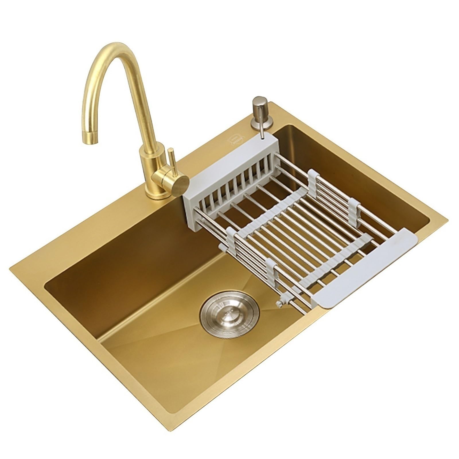 WIQUYBML Gold Stainless Steel Thickened Handmade Kitchen Sink with Faucet, Drain Basket– Built-in Countertop Siphon Drain, Ideal for Pantry, Bar(68 * 45cm)