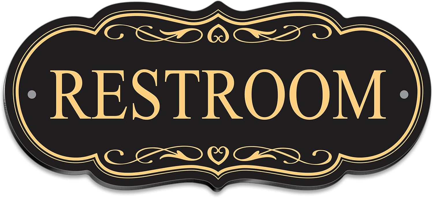 RESTROOM Sign – 8x3.5 Inch Waterproof Acrylic, Self-Adhesive Backing & Mounting Holes, Ideal for Bathroom Doors in Homes or Offices (Black Gold)