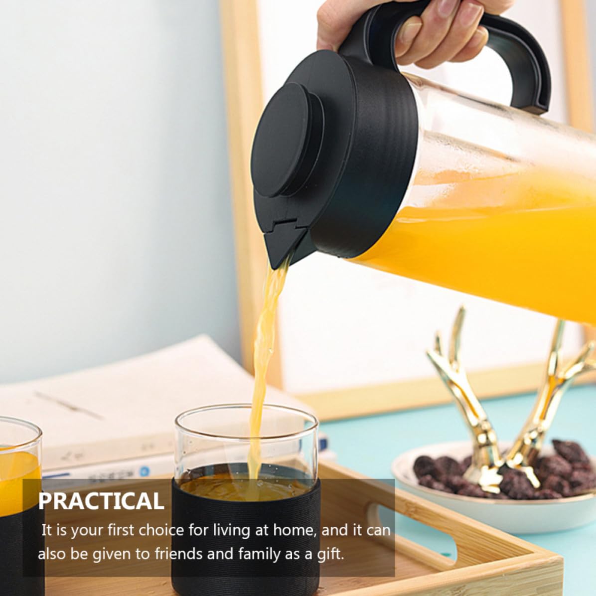 Mobestech Jarra de Agua de Vidrio Jarra de Agua Negro 20℃ a 150℃ Vidrio y Plástico Resistente a Fugas Golpes y Jugo