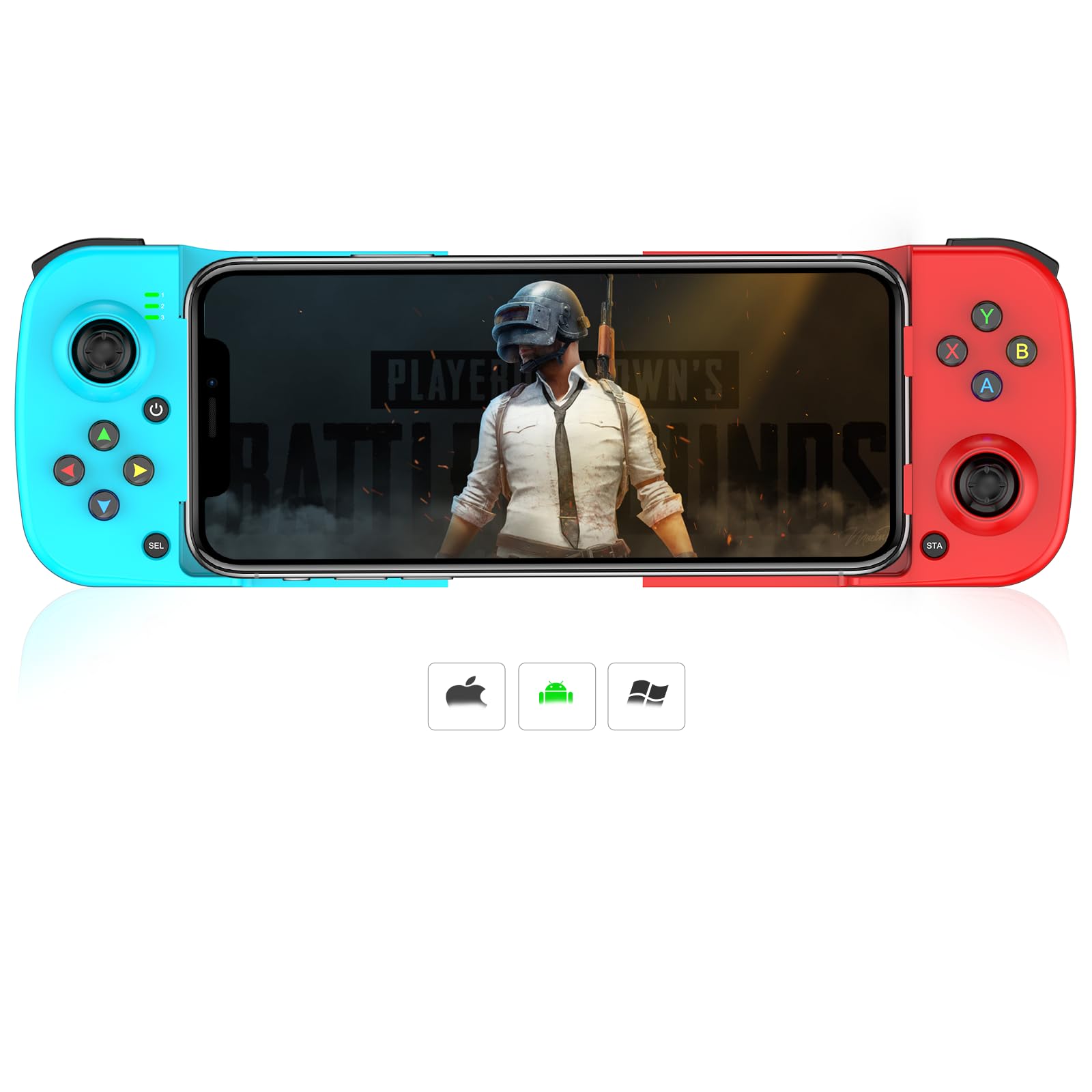 Mando de juego inalámbrico para iPhone, Megadream MFi Bluetooth Mobile Gamepad Joystick para iOS/Android, iPhone 13/Mini/13 Pro Max, 12, 11, para Samsung Galaxy, Nokia, OPPO,Direct Play (azul+rojo)