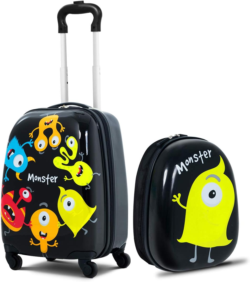 Kids Luggage, 12" Toddler Backpack & 16" Travel Suitcase with Wheels, Lightweight Toddler Girls Suitcase, Durable ABS Hardshell, 2Pcs Carry On Luggage Set for Boys Girls, Black Monster