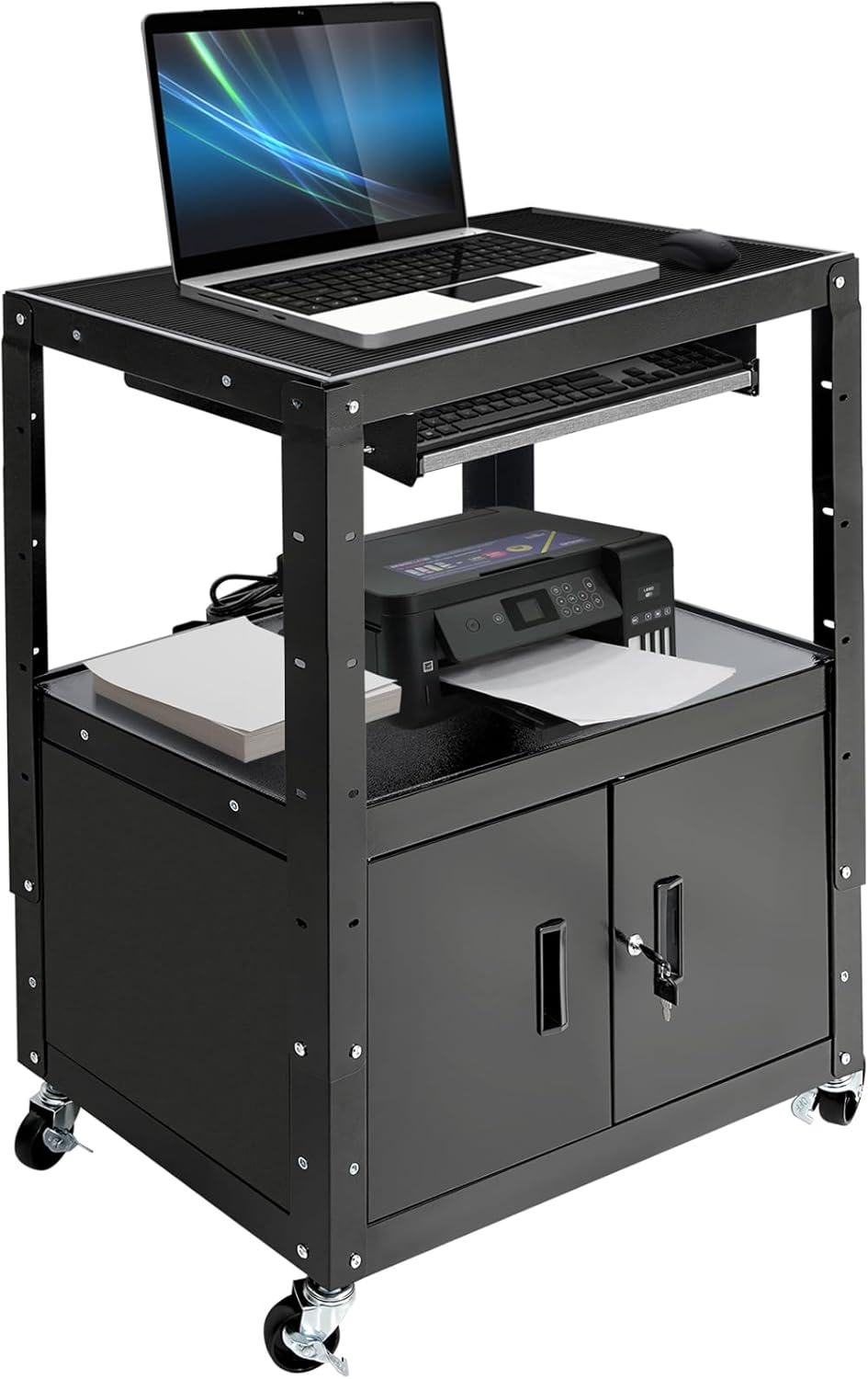 AV Cart, Computer Steel Carts with Wheels and Power, Height Adjustable Rolling AV Carts with Locking Cabinet & Pullout Keyboard Tray, Projector Cart for School Office, 18”X 30.8”X 42”, Black
