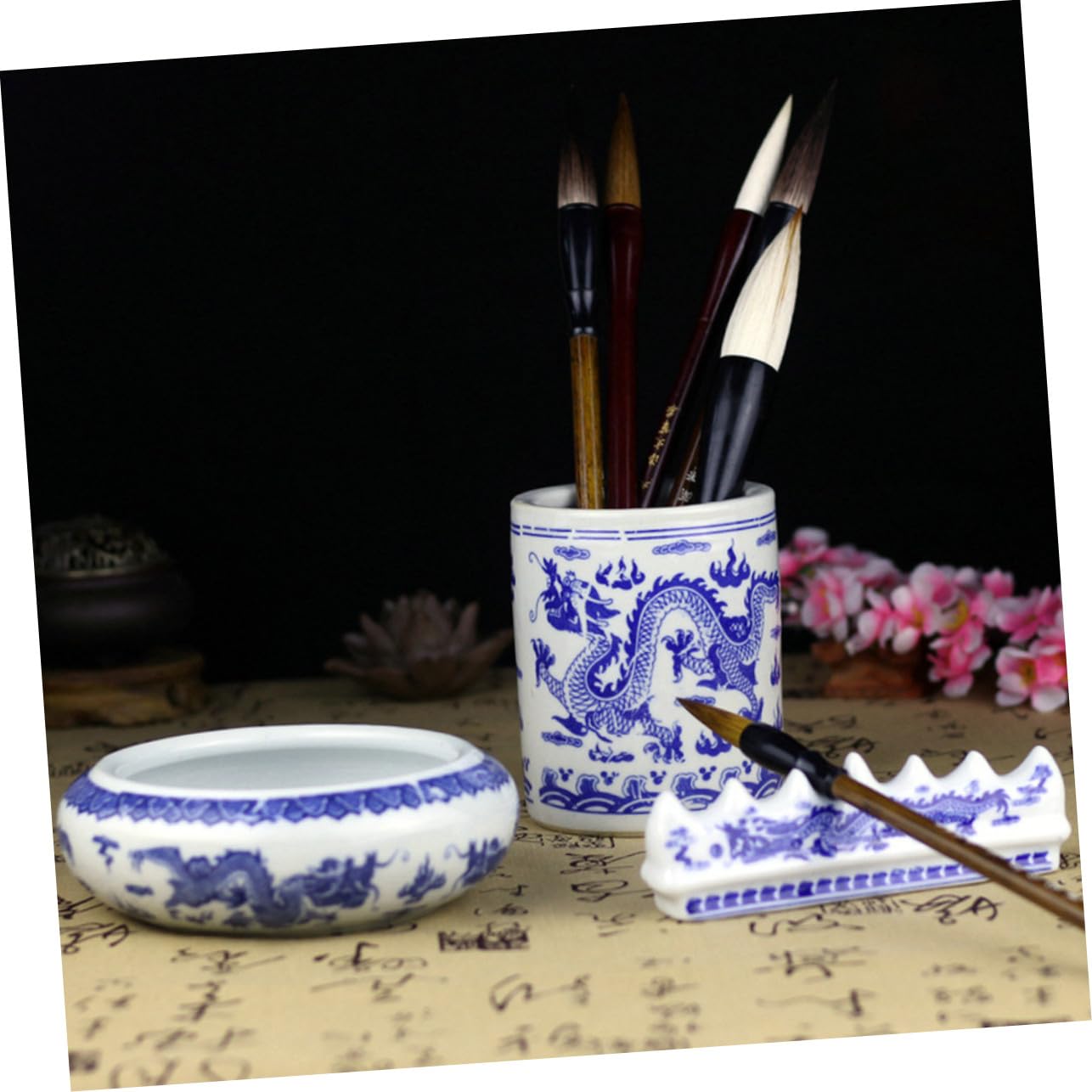 Ensemble Pot à Crayons Céramique Bleu et Blanc Petit, Bac à Laver Pinceaux Calligraphie Multifonction, Support Stylo Pinceau Cylindrique pour Bureau Artistique
