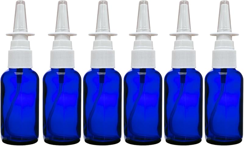 Frascos de vidro azul-cobalto de 30 mL com borrifador nasal, vazios e recarregáveis, pacote com 6