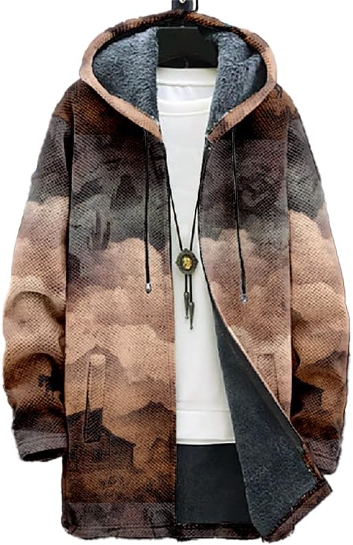 Mens Cardigan Sweatshirt Vintage Print Zip Up Fleece Sherpa Lining Hooded Jacket Warm Winter Long Coat with Pocket