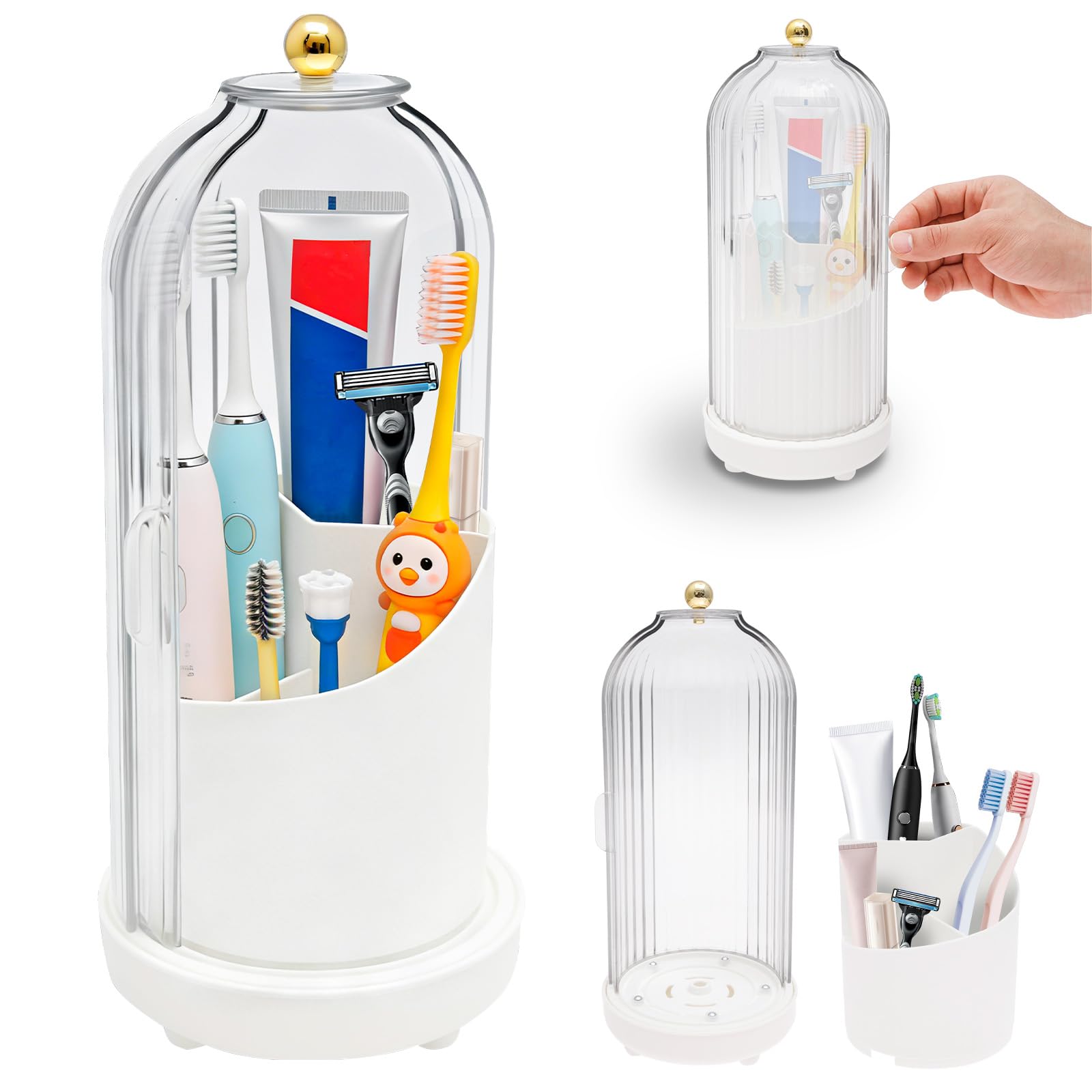 Nzwbshssp White Toothbrush Holder With Cover Drainage 360° Rotating Electric Makeup Brush Organizer For Bathroom Vanity 3 Slot Tooth Brush Holder For Counter