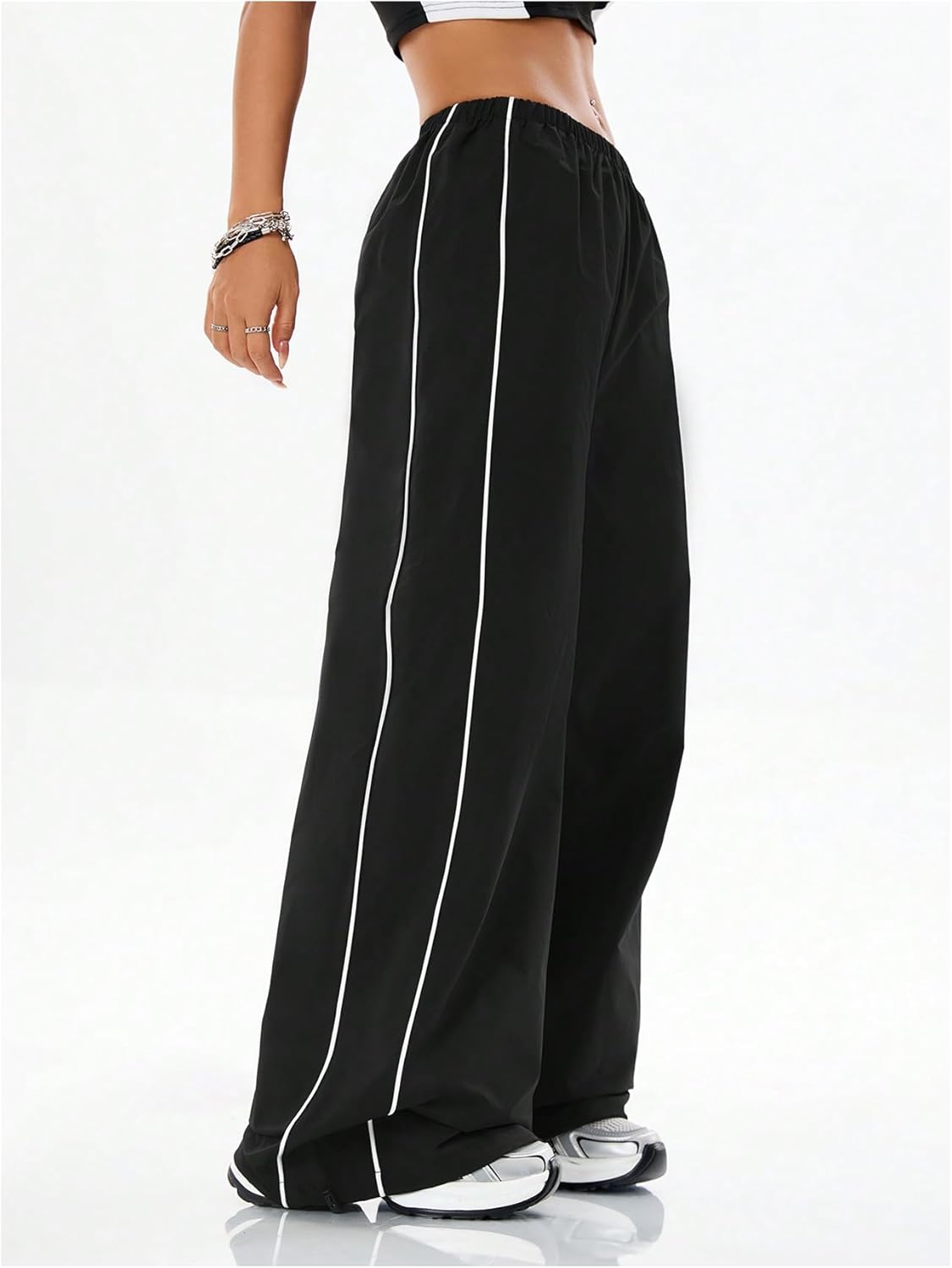 Women's Striped Side Casual Pants Elastic Waisted Wide Leg Trousers Streetwear Pants - Image 3