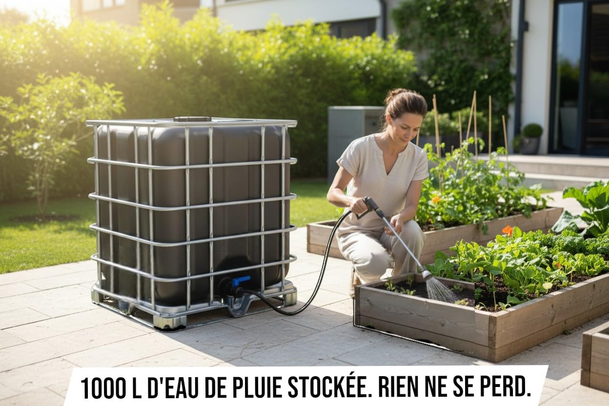 American Style — Cuve IBC Récupérateur Eau de Pluie 1000 litres — Poche Noire Neuve Anti-UV — Vanne S60x6 Neuve démontable— Palette Métallique