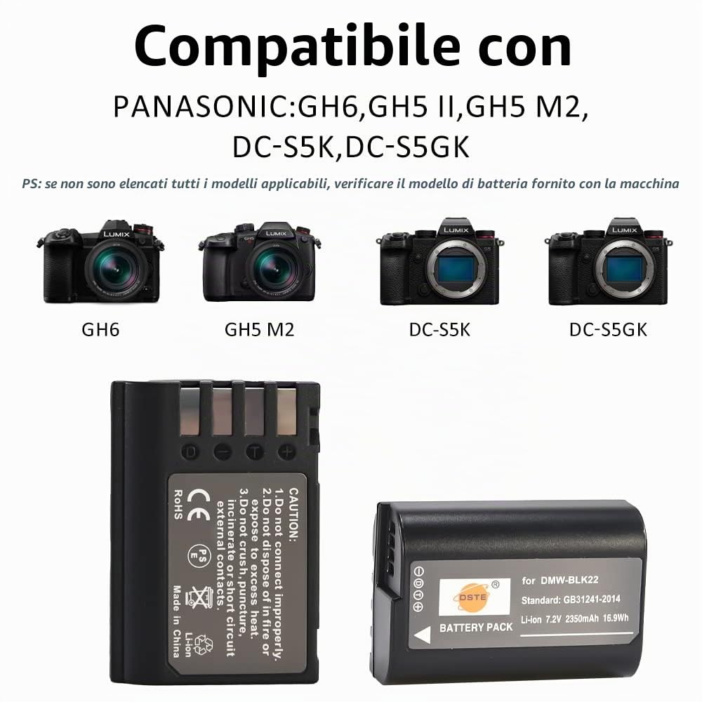 DSTE 2 Baterías DMW-BLK22 2350mAh + Cargador Dual USB LCD Para Panasonic Lumix S5