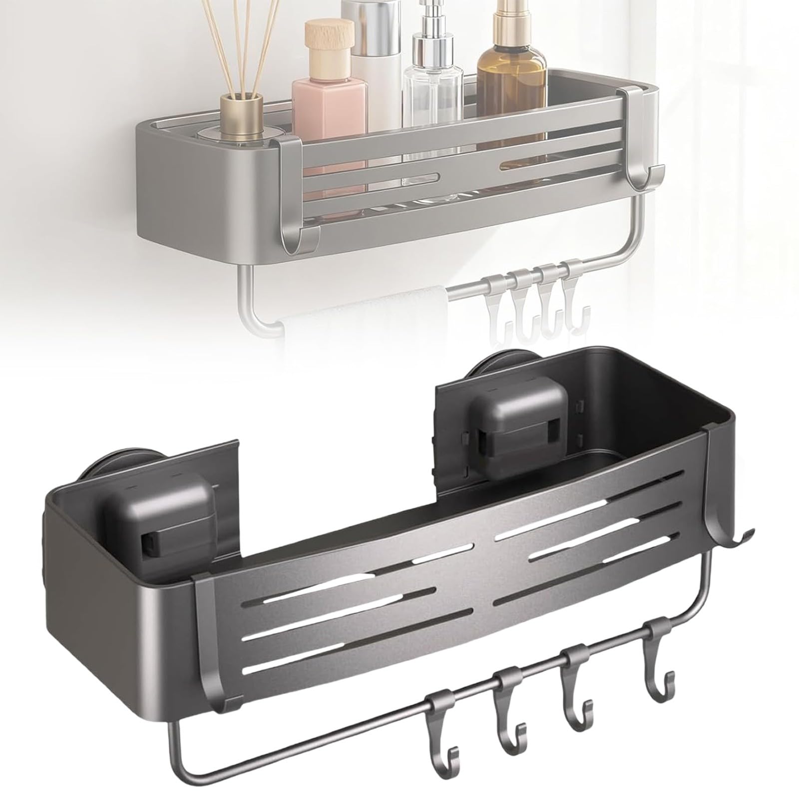 Shower Caddy with Suction Cup No Drilling Aerospace Aluminum Heavy Duty Organizer with Towel Bar Hooks With towel