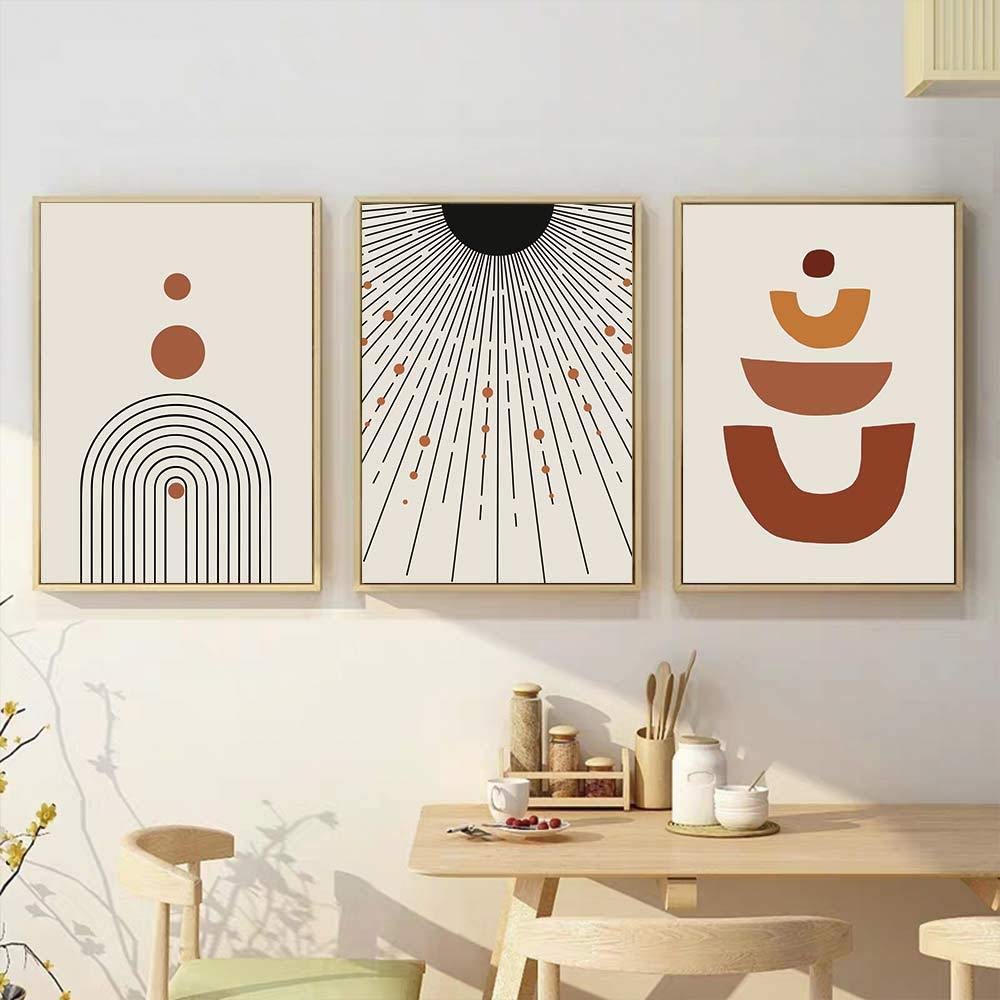 AdoDecor Leinwand Bild Geometrisches Kunstplakat mit abstrakter Linie Poster & Kunstdrucke Sonnenillustration aus der Mitte des Jahrhunderts Wandbilder Deko Schlafzimmer(Gerahmt)