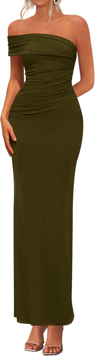 PRETTYGARDEN Women's 2026 Wedding Guest Cocktail Dresses One Off The Shoulder Ruched Bodycon Formal Maxi Party Summer Outfits