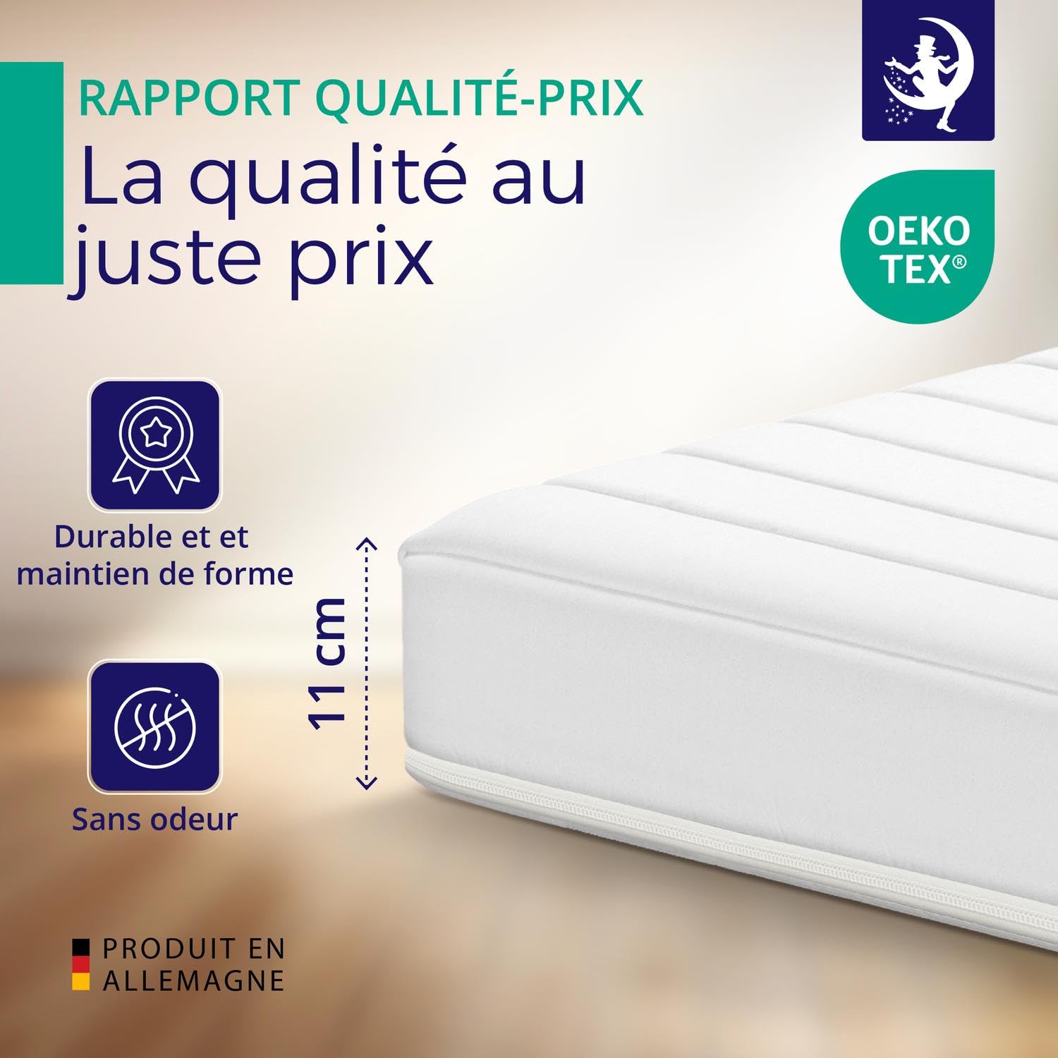 Mister Sandman Surmatelas 120x190 cm, Épaisseur 11 cm, Mousse Froide Ergonomique, Fermeté Moyenne, Hypoallergénique, Housse Amovible et Lavable, Qualité Allemande